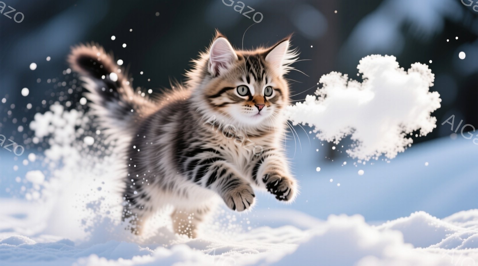 縞模様の小さな子猫が雪の中を勢いよく駆け抜けている。子猫は前足を大きく伸ばし、尻尾をピンと立てており、遊び心に満ちた表情をしている。背景は白く降り積もった雪で、まるで子猫が雪の渦を巻き起こしているかの - AI生成フリー素材
