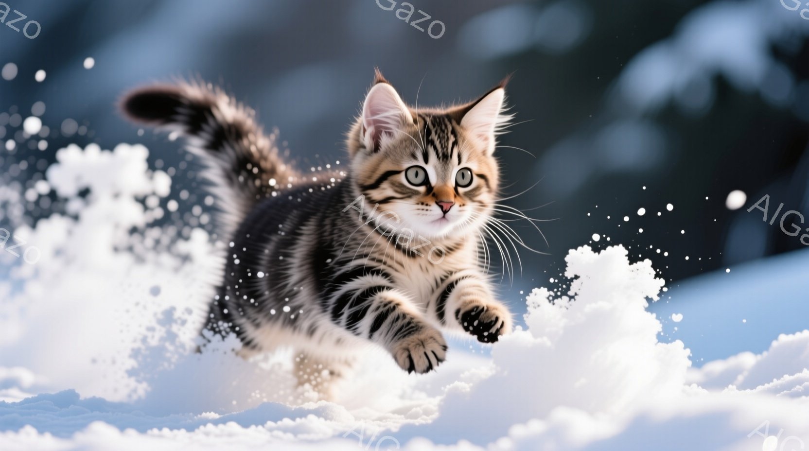 白い雪景色の中、縞模様の小さな子猫が飛び跳ねています。猫は前足を伸ばし、毛並みを逆立てて活発に動き、楽しそうに雪の中を駆け抜けています。背景にはぼやけた冬の森が広がり、雪が舞い、躍動感と冬の喜びを感じ - AI生成フリー素材