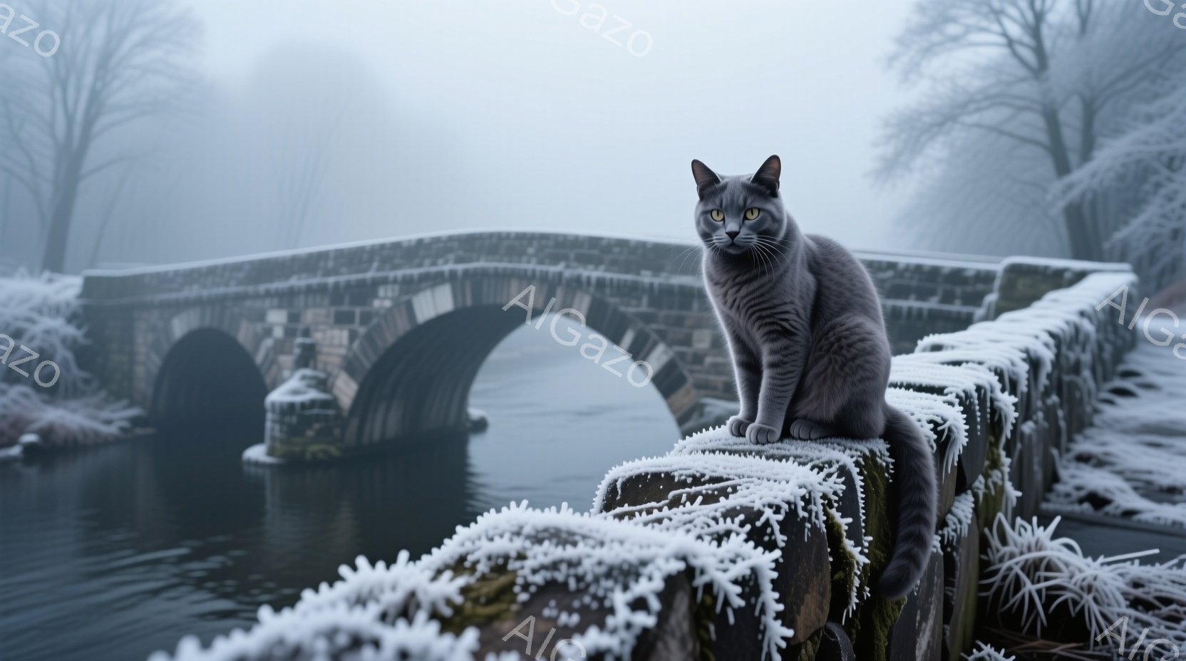 灰色がかった毛並みの猫が、霜で覆われた石造りの橋の欄干に座って正面を見つめている。背景は霧に包まれた水面と、アーチ状の橋、そして冬の裸木がぼんやりと見える。全体的に、静寂で幻想的な冬の風景が表現されて - AI生成フリー素材