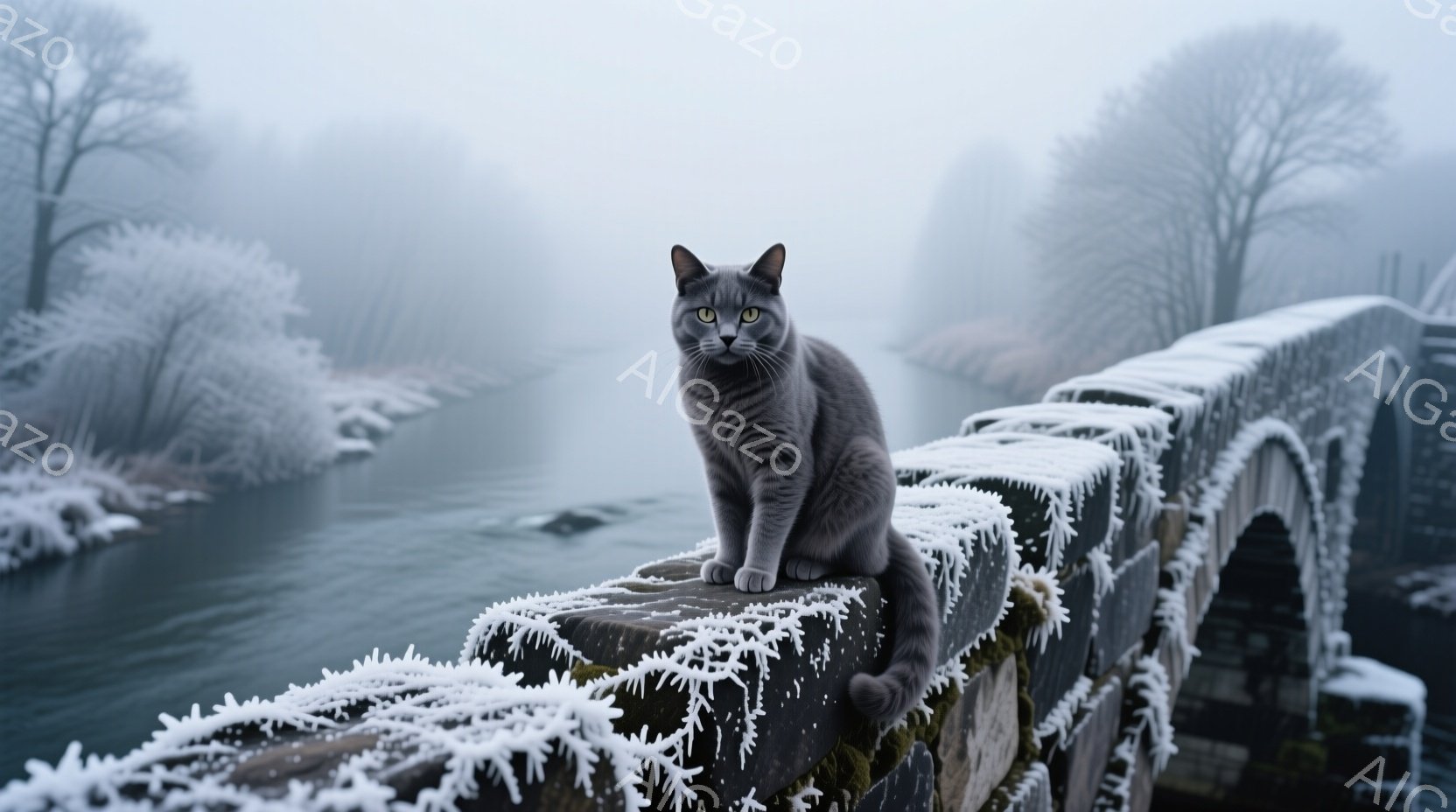 灰色の猫が古びた石造りの橋の欄干に座っており、その姿勢は堂々としていて落ち着いています。橋の欄干や周囲の植物は霜で覆われ、冷たい冬の風景を作り出しています。背景には霧が立ち込め、静かで神秘的な雰囲気を醸し出しています。