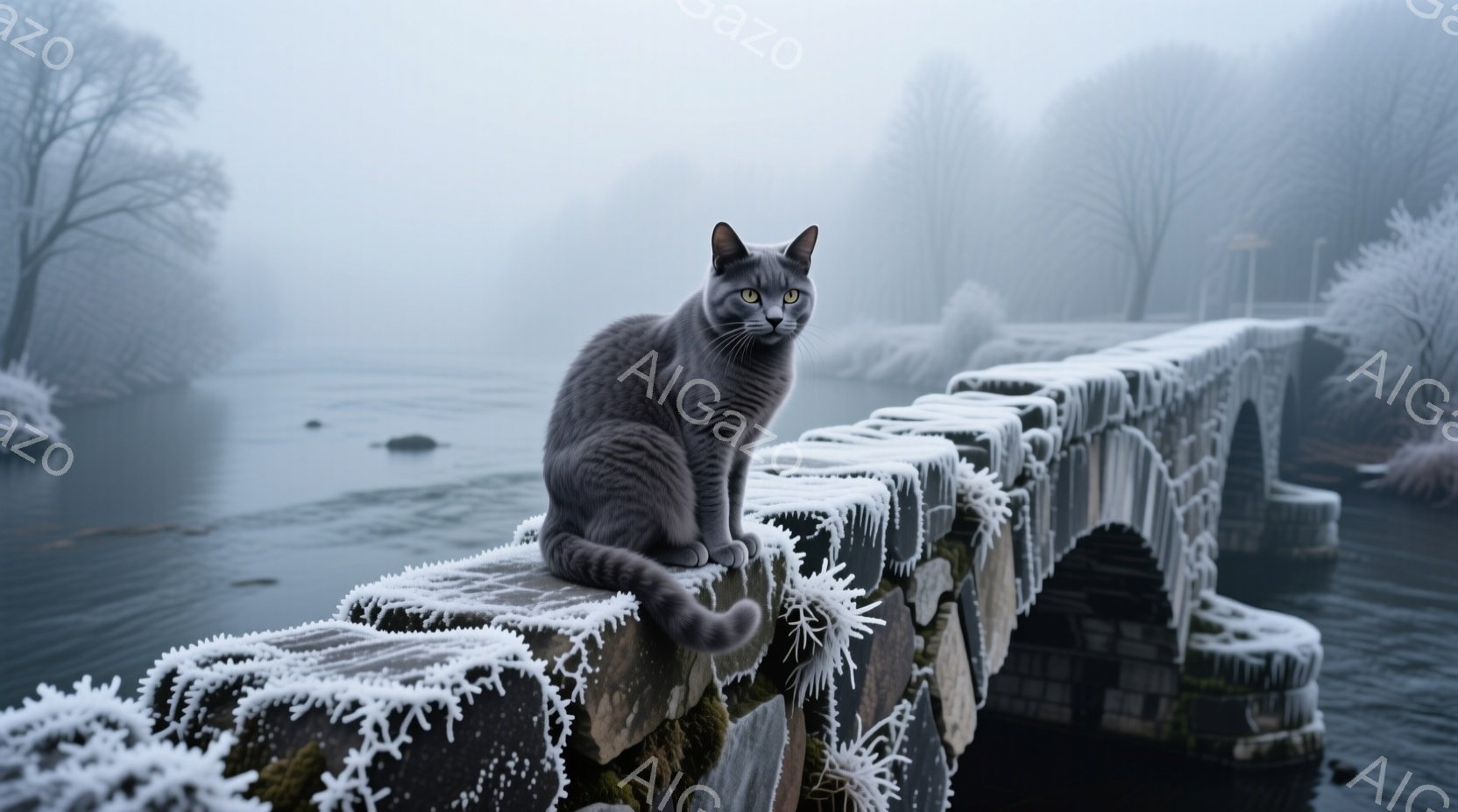 灰色の猫が石造りの橋の縁に座り、正面を見つめている。橋は霜で覆われており、背後には霧に包まれた水面と、ぼんやりとした木々が見える。全体的に静寂で冷たい冬の雰囲気が漂っている。