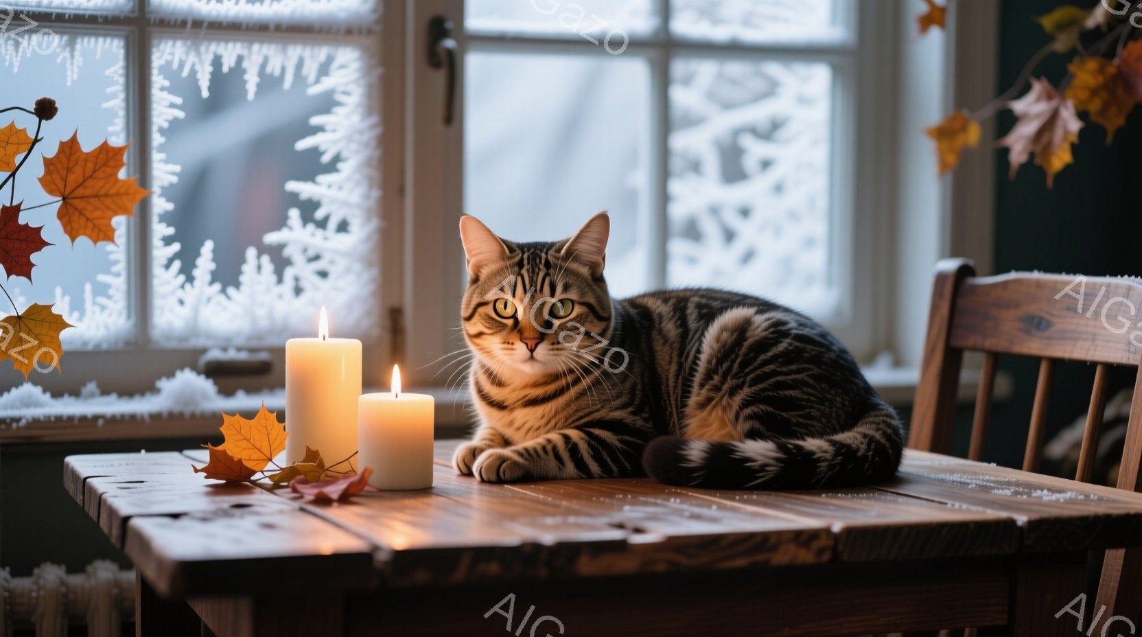 縞模様の猫が木製のテーブルに横たわっており、隣には2本の白いロウソクが灯っています。背景には霜で覆われた窓があり、落ち葉がテーブルの表面と窓辺に散らばっています。全体的に、暖かく穏やかな冬の日の雰囲気を感じさせる画像です。