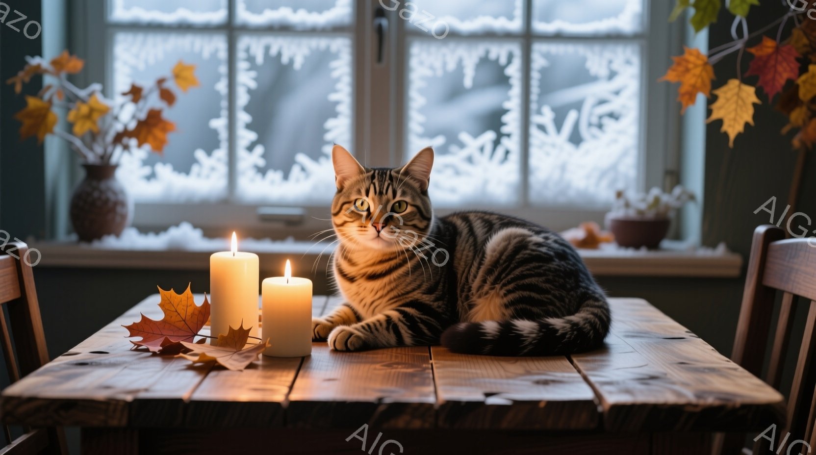 縞模様の猫が木製のテーブルの上に横たわっており、点けられたキャンドルと落ち葉に囲まれている。背景には霜で覆われた窓と、テーブルの端にある花瓶が見え、全体的に暖かく、落ち着いた雰囲気を作り出している。猫 - AI生成フリー素材