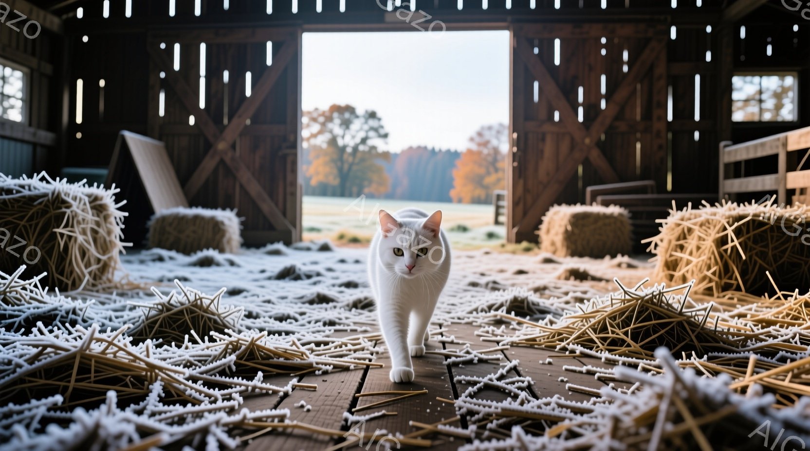 白い猫が、干し草が散らばる納屋の中で、こちらに向かって歩いてくる姿が捉えられています。納屋の開いた扉からは、緑豊かな田園風景と霧のかかった遠くの木々が見え、秋の穏やかな朝の雰囲気が漂います。干し草の黄色と白い猫のコントラストが印象的で、全体的に暖かく、平和な印象を与えます。