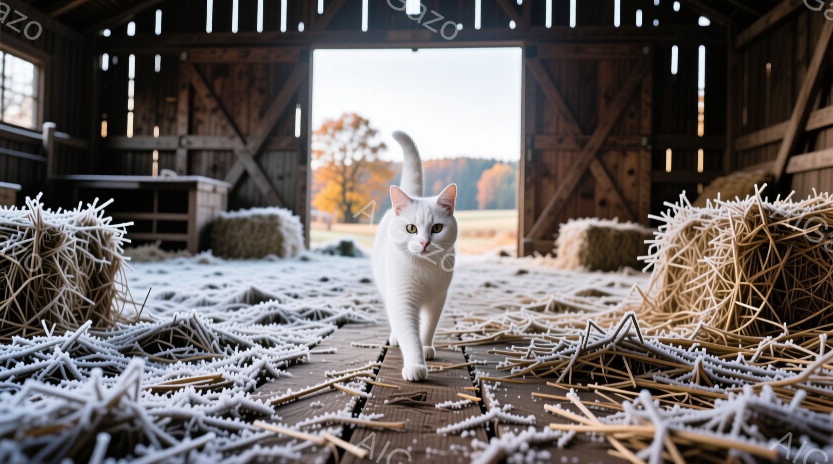 白い猫が、藁が散らばった納屋の中で正面を見据え、歩いている様子が捉えられている。納屋の扉は大きく開かれており、背景には秋の紅葉した木々が見え、晴天の空が広がっている。全体的に温かく、素朴な田園風景が感じられる、穏やかな雰囲気の写真である。