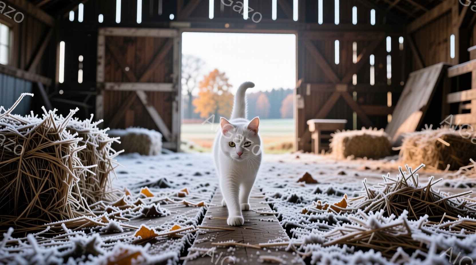 白い猫が、藁が散らばった納屋の中を正面を見据えながら歩いている。背景には、開かれた納屋の扉から緑豊かな風景が見え、秋の穏やかな日差しが差し込んでいる。全体的に、静かで牧歌的な、自然との調和を感じさせる雰囲気である。