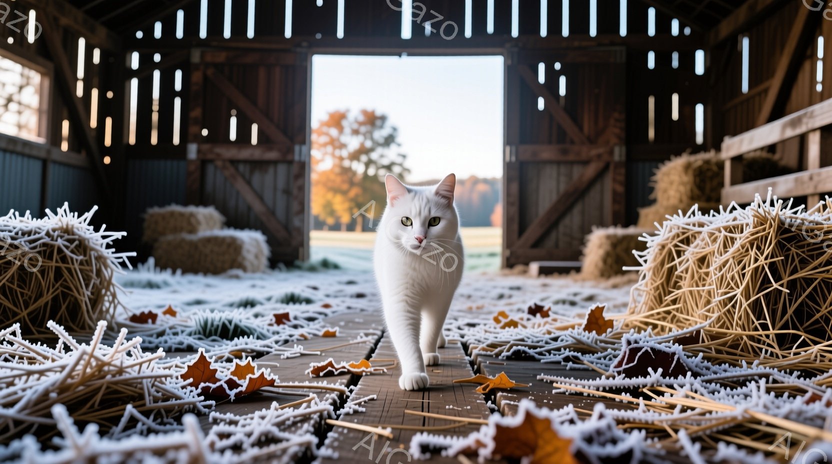 白い猫が納屋の中で、枯れ葉や藁の間に立っている。納屋の壁は黒く、多くの隙間があり、背景には秋の紅葉と朝日が見える。猫は正面を見ており、静かで穏やかな雰囲気が漂っている。
