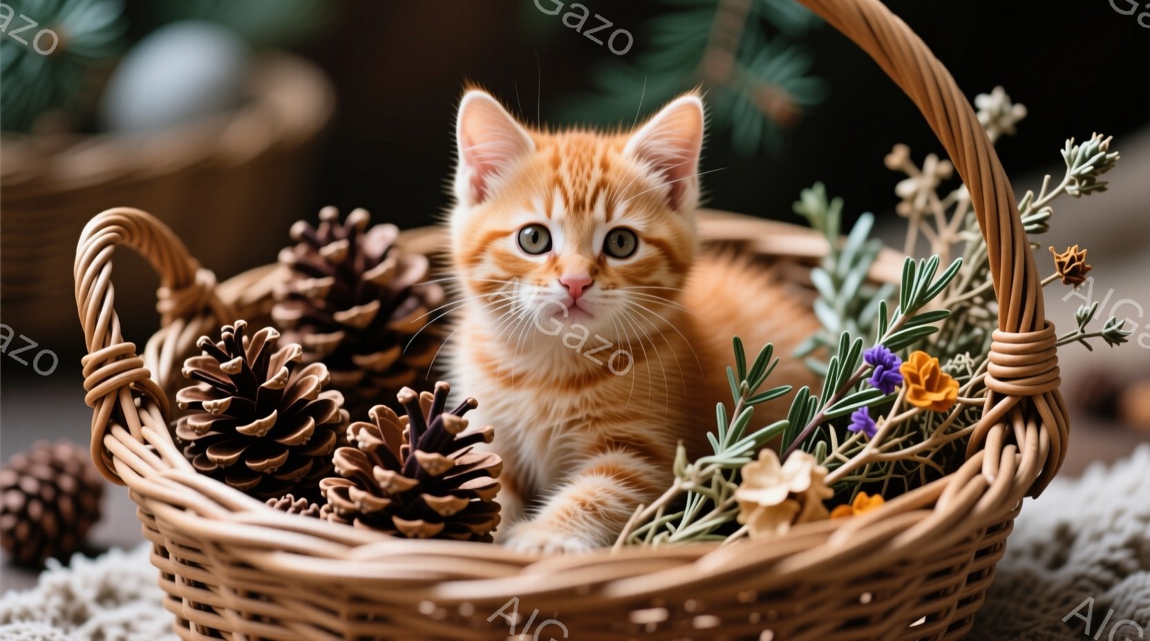オレンジ色の可愛い子猫が、籐の籠の中に座っています。籠の中には、松ぼっくりや乾燥した花々が添えられており、柔らかい毛並みが印象的です。背景はぼやけていますが、暖かく、おとぎ話のような雰囲気を醸し出して - AI生成フリー素材
