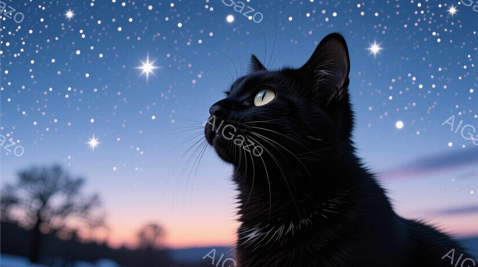 真っ黒な猫が夜空を見上げている。その表情は穏やかで、何かを期待しているかのように見える。背景には、地平線がオレンジ色に染まり、無数の星が輝く幻想的な夜空が広がっている。 - AI生成フリー素材