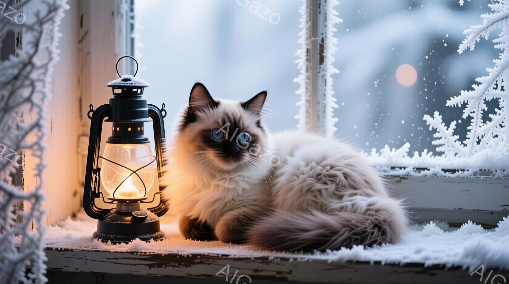 長毛の猫が雪景色の中で凛々と佇んでいます。雪片が舞い散る中、猫は美しい縞模様の毛並みを輝かせ、緑色の瞳でこちらを見つめています。背景には雪に覆われた枝が広がり、冬の静寂で幻想的な雰囲気を醸し出しています。