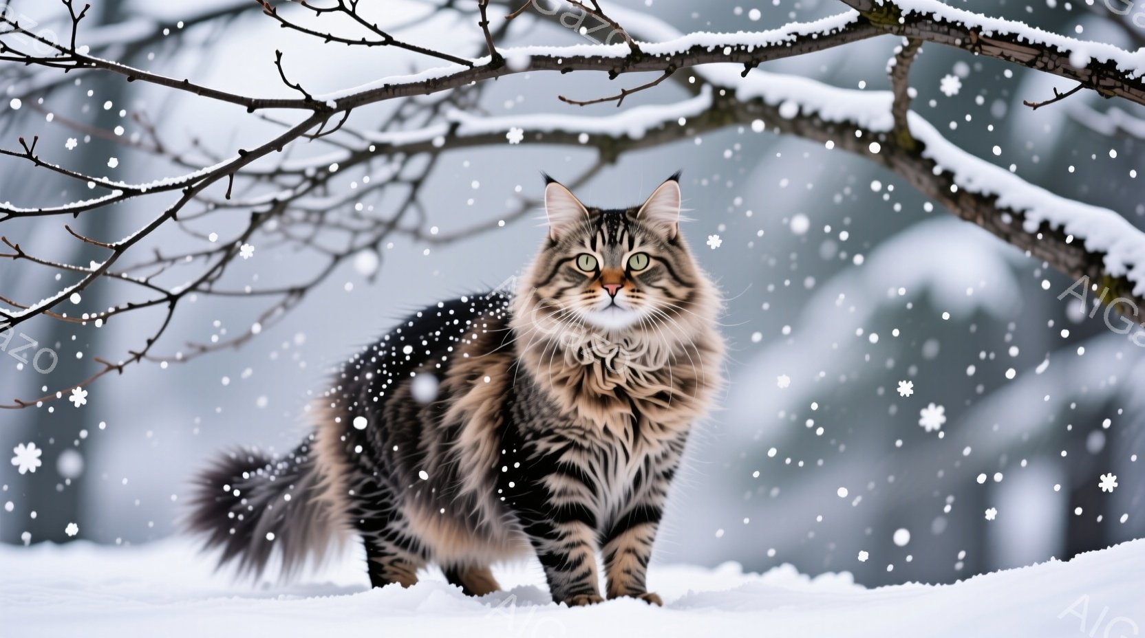 画像は雪が降り積もる冬の自然の中で、メインクーンと思われる大きな猫が立っている様子を捉えています。その猫は茶色と黒の縞模様の毛並みを持ち、ふさふさとした尾と耳の先端が特徴的で、緑色の瞳が印象的です。背 - AI生成フリー素材