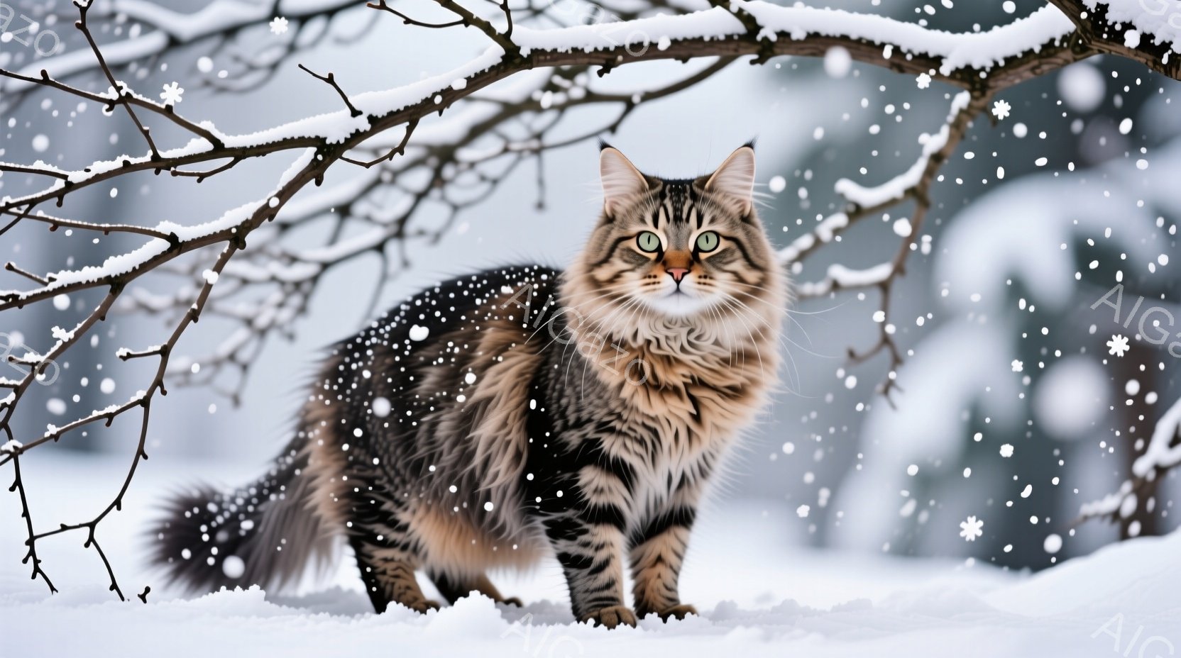縞模様の大きな猫が雪景色の中で立っている。その猫はふさふさとした毛並みで、まるで冬の王者のように堂々とした姿勢を見せている。背景には雪が降り積もった枝が写り込み、猫の毛並みと雪の白さがコントラストをな - AI生成フリー素材