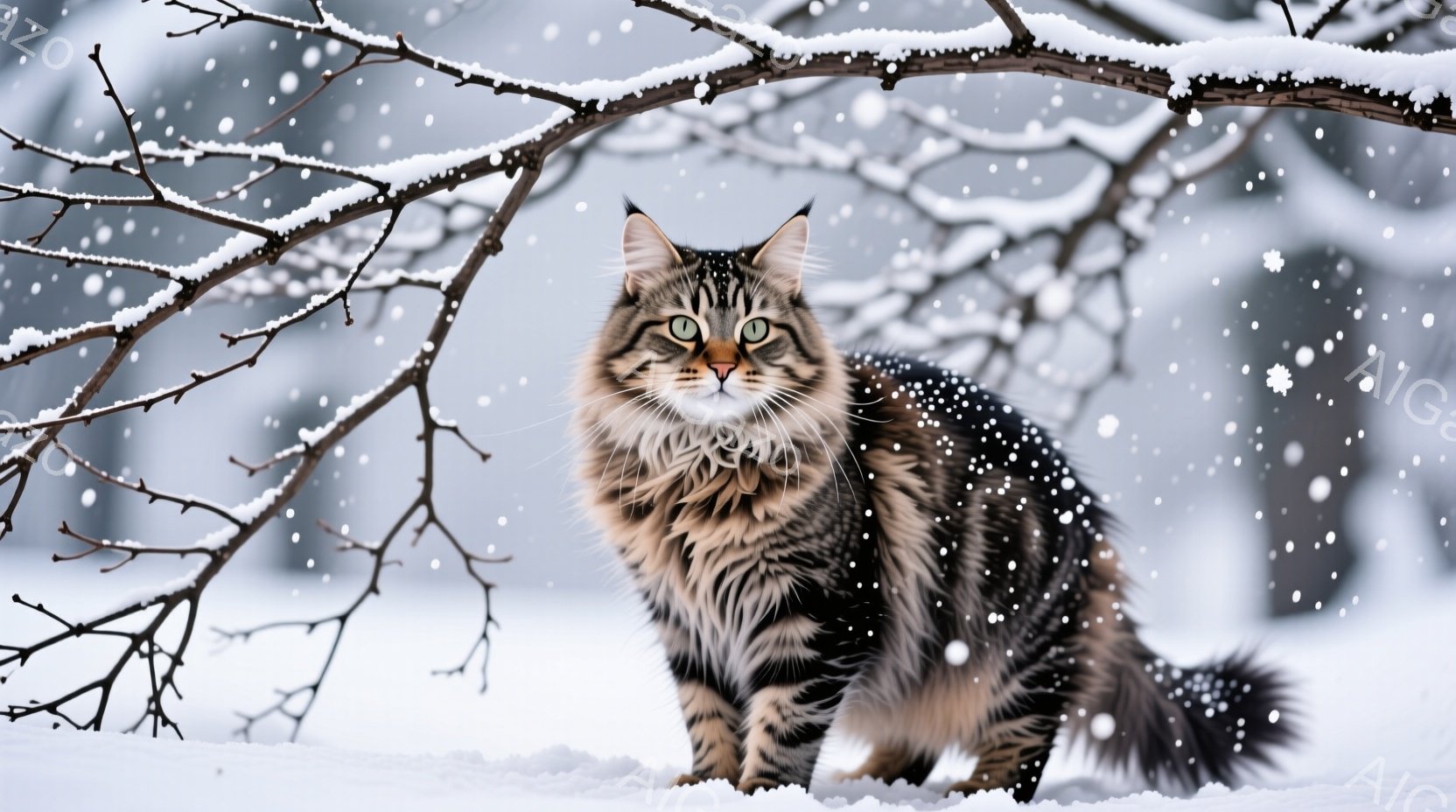 茶色の縞模様の大きな猫が雪景色の中に立っている。猫は正面を向き、緑色の目を輝かせ、ふさふさとした毛並みが特徴的だ。背景には雪に覆われた木々が見え、降り積もる雪が幻想的な冬の雰囲気を醸し出している。 - AI生成フリー素材