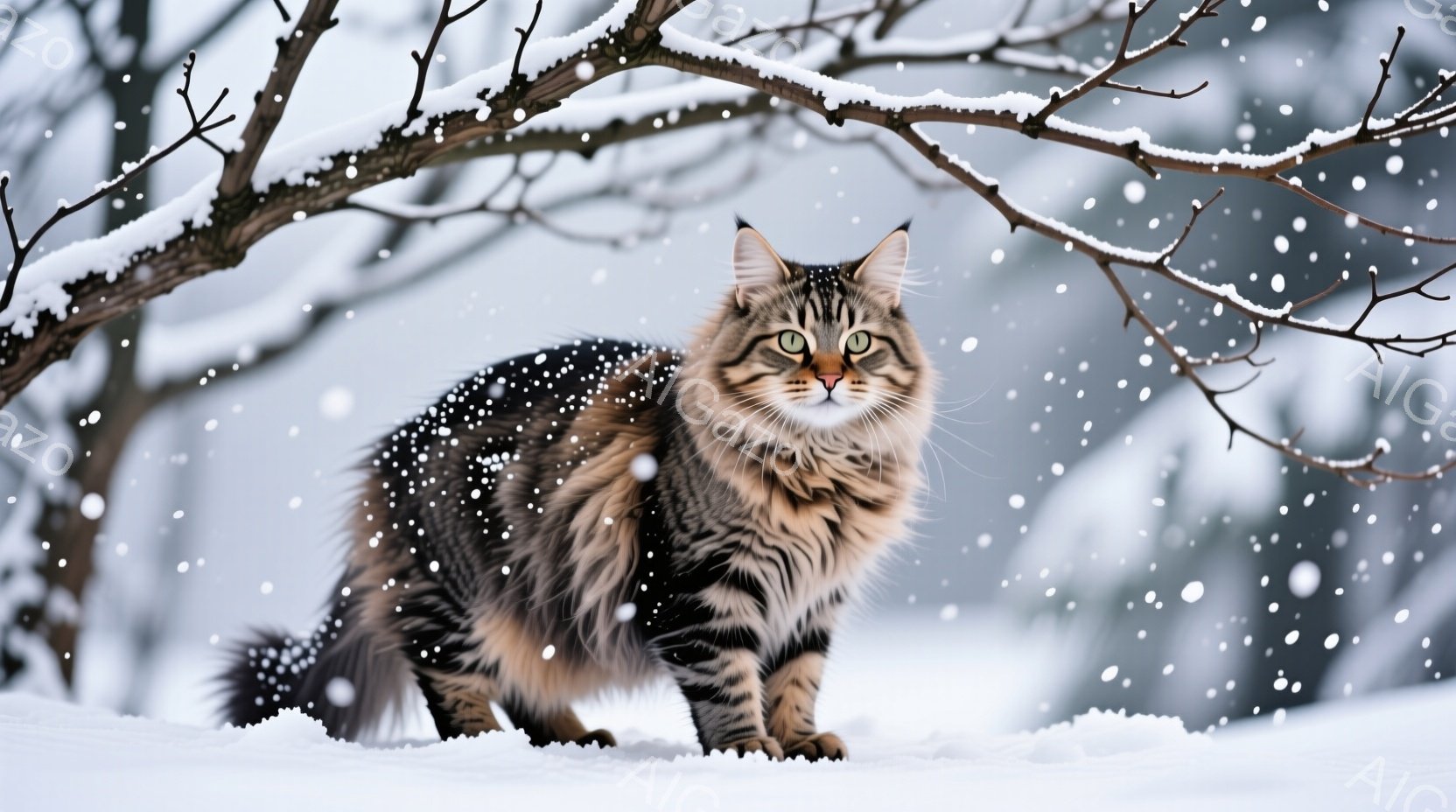 長毛の猫が雪景色の中で佇んでいます。その毛並みは茶色と黒の美しい模様で、雪が降り積もる中でより際立っています。背景には雪に覆われた木々がぼんやりと見え、全体的に静かで穏やかな冬の雰囲気が漂っています。