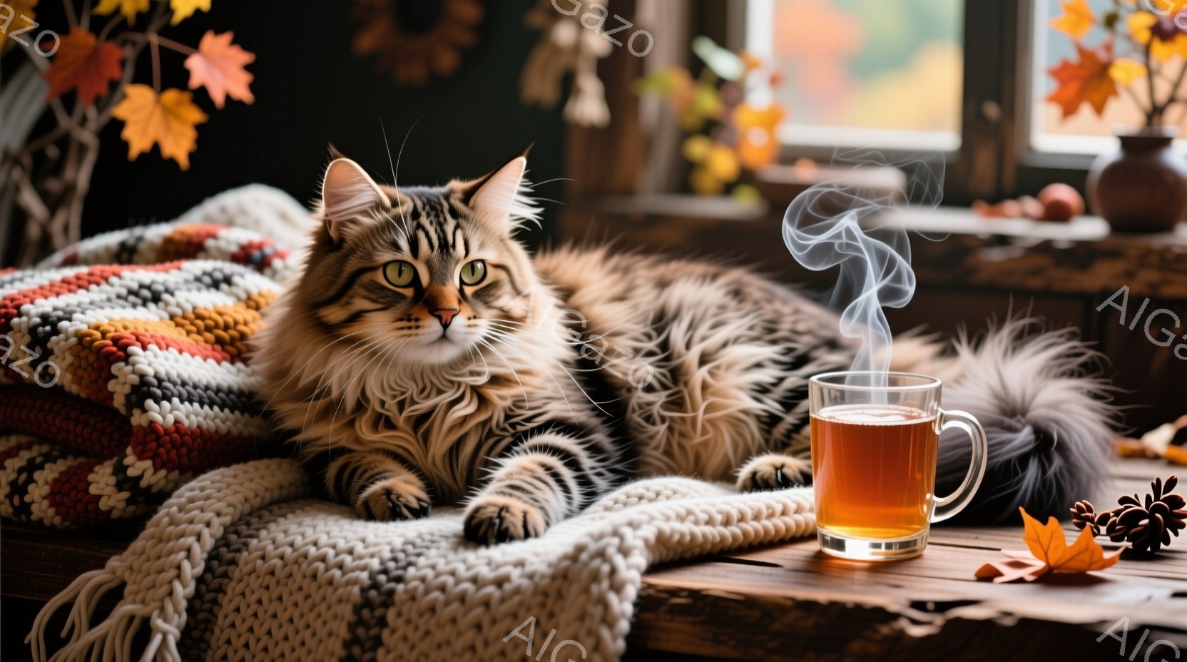 長毛の猫が、編み物のブランケットの上に横たわり、リラックスした表情でこちらを見ている。窓の外には秋の風景が広がり、テーブルの上には温かい飲み物が湯気を上げている。全体的に暖かく、穏やかな秋の雰囲気が漂 - AI生成フリー素材