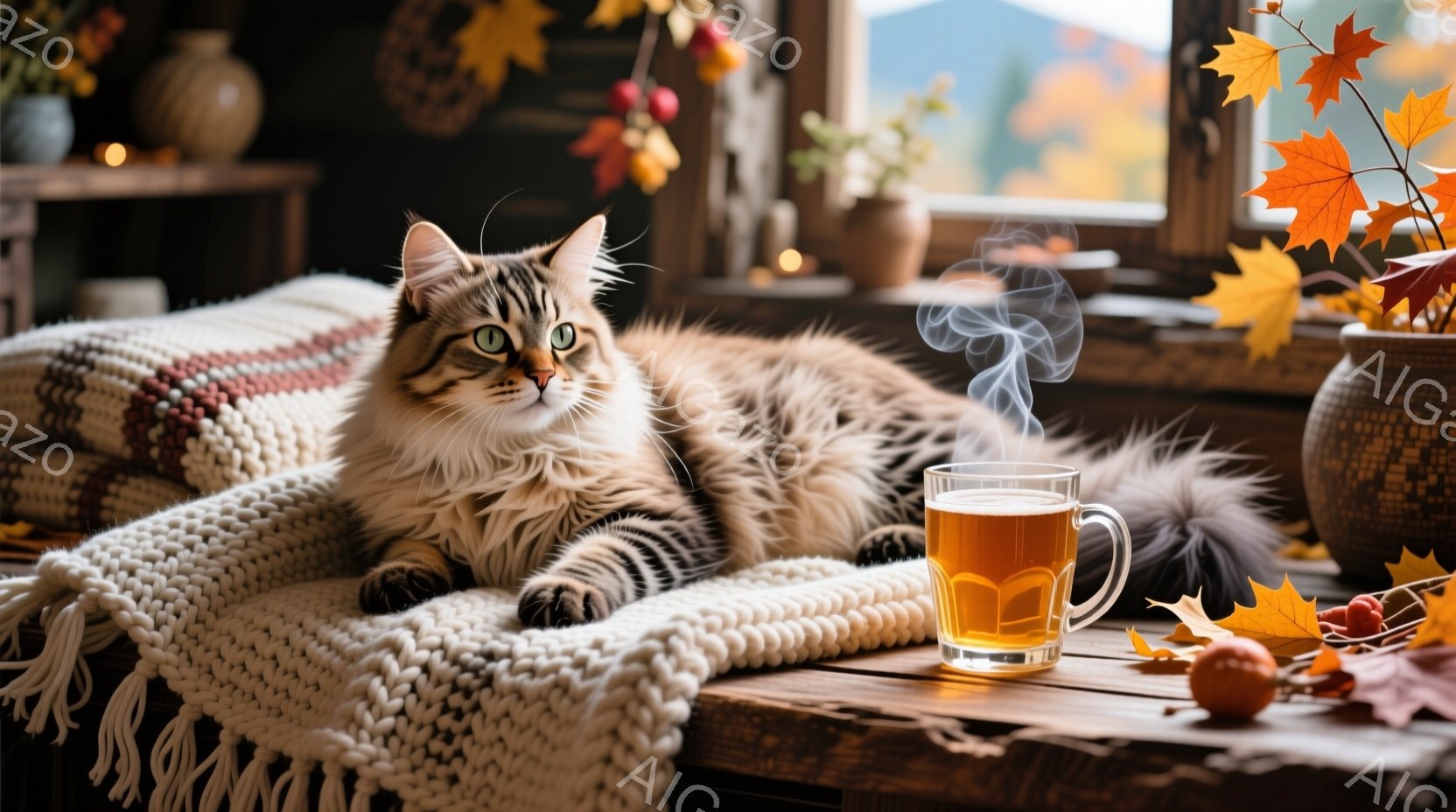 長い毛並みの茶色の縞模様の猫が、クリーム色の編み物のブランケットの上に横たわっています。背景には、落ち葉や小さな木の実が飾られた窓辺があり、温かいお茶の入ったマグカップが置かれています。暖炉の光と秋ら - AI生成フリー素材