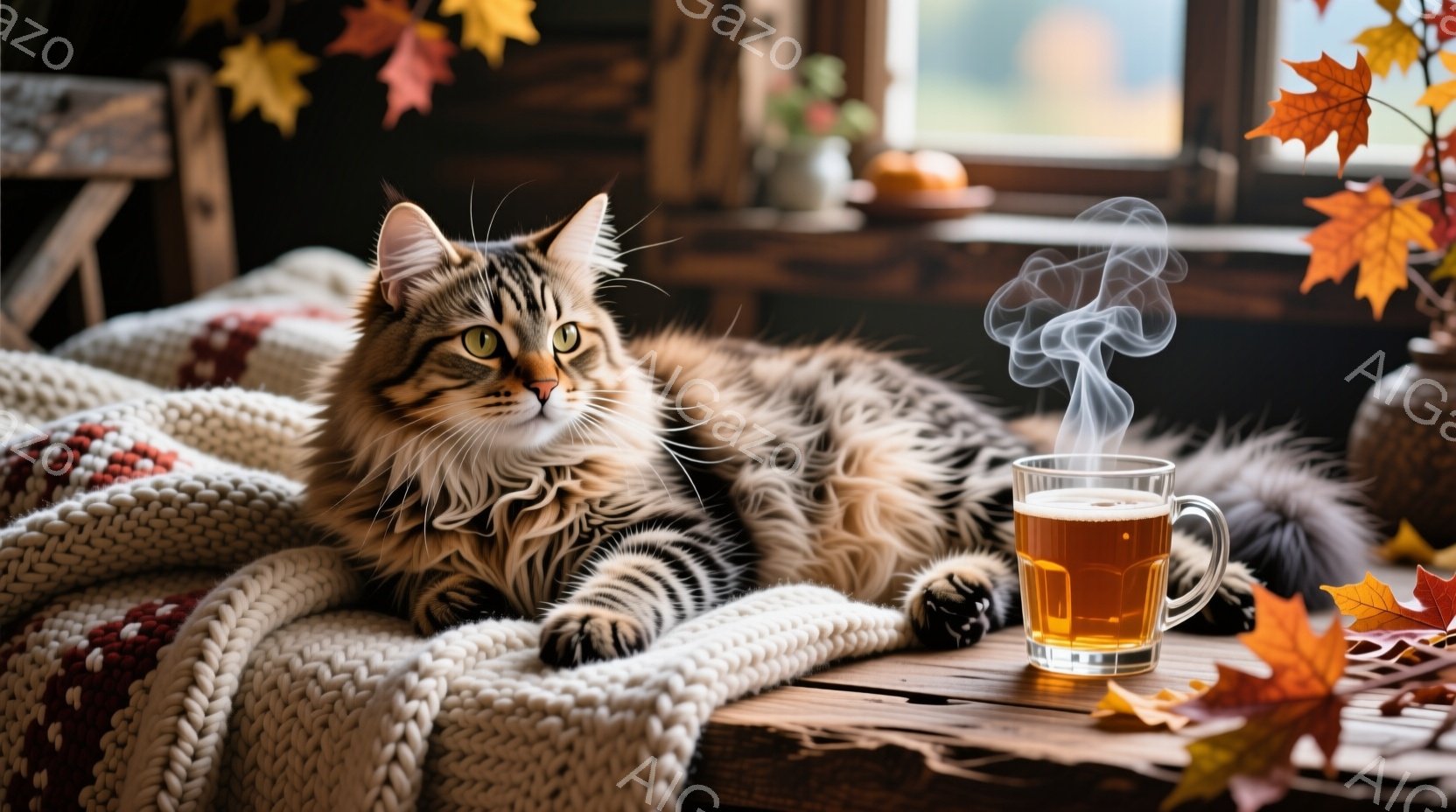 長毛の縞模様の猫が、オフホワイトの編み物のブランケットの上に横たわっています。背景には木製のテーブルがあり、温かい飲み物が入ったグラスと、散らばる紅葉の葉が見えます。暖炉の光と秋らしい色合いが、穏やかで心地よい雰囲気を作り出しています。