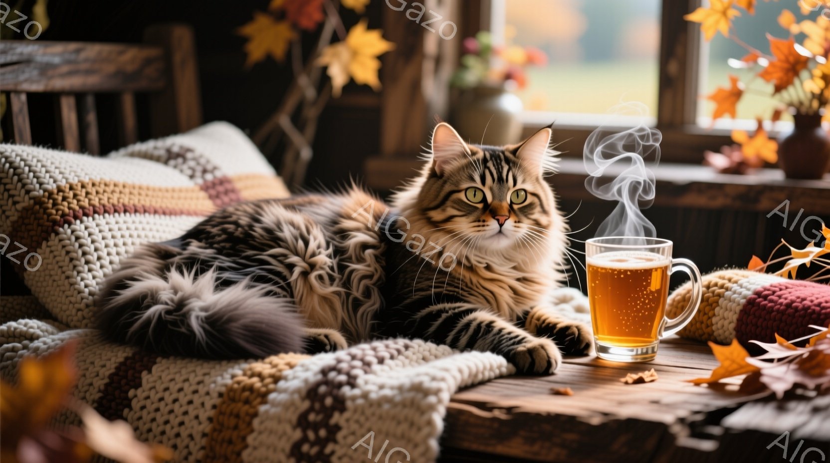 長毛の猫が、編み物のクッションの上に横たわってリラックスしています。背景には暖炉のようなものがぼんやりと見え、近くには落ち葉と湯気を立てるマグカップが置かれています。全体的に暖かく、穏やかで、秋の訪れ - AI生成フリー素材