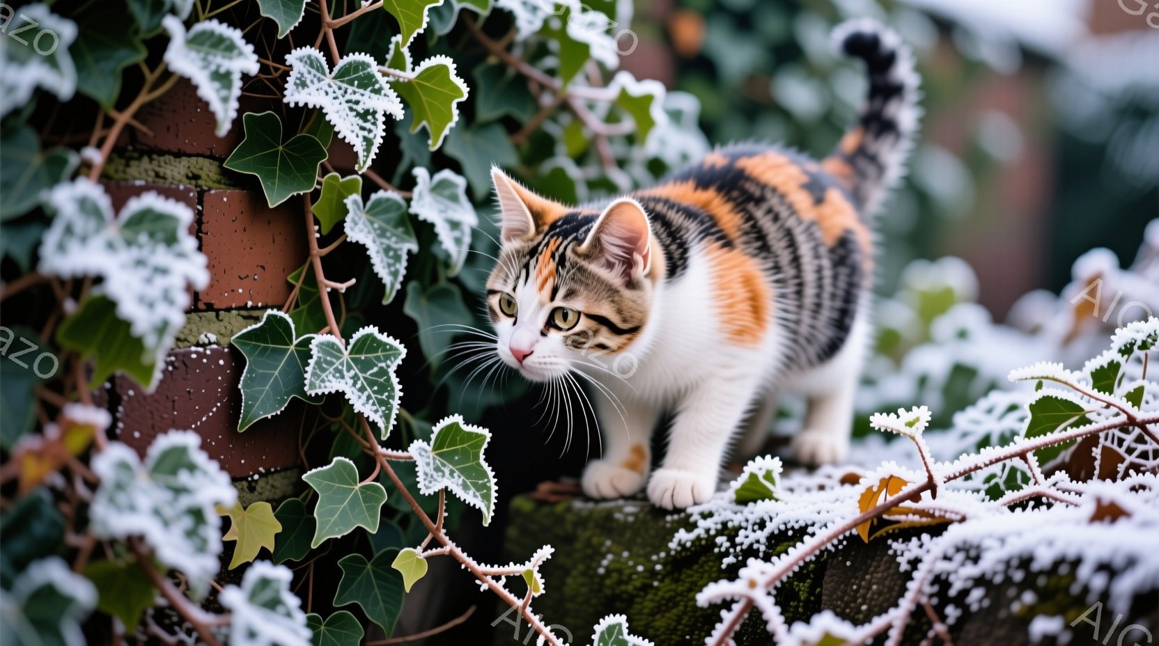 白とオレンジ、黒のまだら模様の猫が、霜で覆われたツタの絡まったレンガの壁の上を歩いている。猫は前方をじっと見つめ、集中した表情で、片足を前に出し、慎重に足を進めている。背景には霜のついたツタが広がり、 - AI生成フリー素材