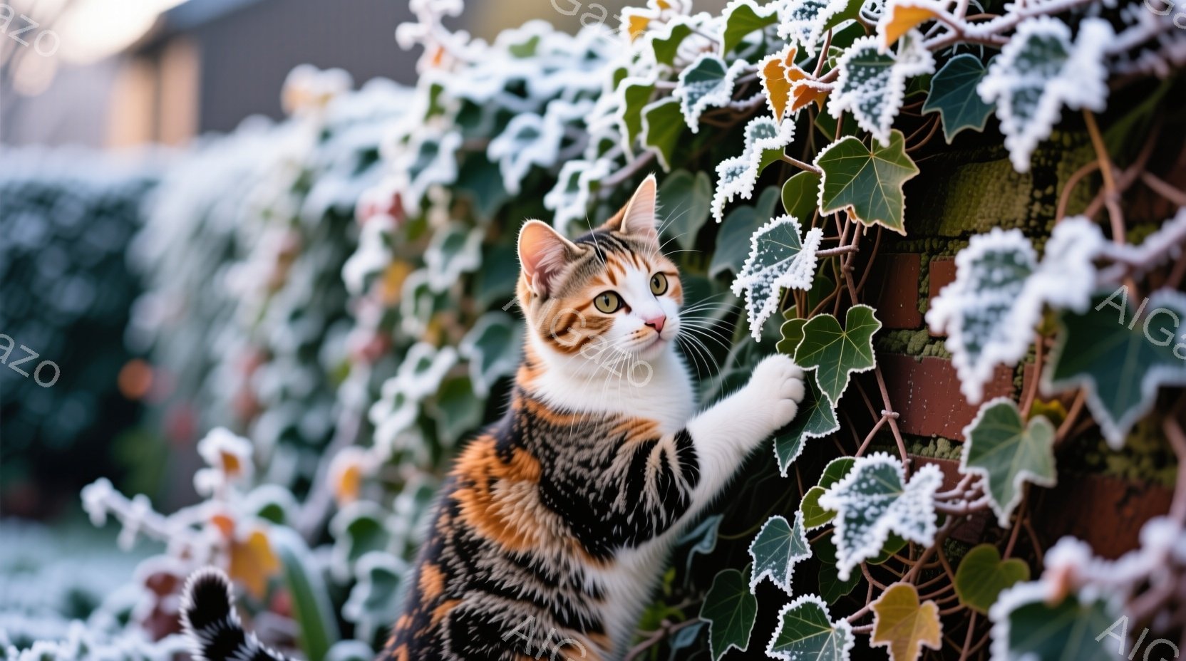 白とオレンジ、黒が混ざった毛並みの猫が、霜で覆われたツタの壁を爪で引っ掻いています。猫は鋭い眼差しで何かを見つめ、まるで獲物を狙っているかのような姿勢です。背景には、薄暗い空とぼんやりとした建物が見え、凍てつく冬の朝の静けさを感じさせます。