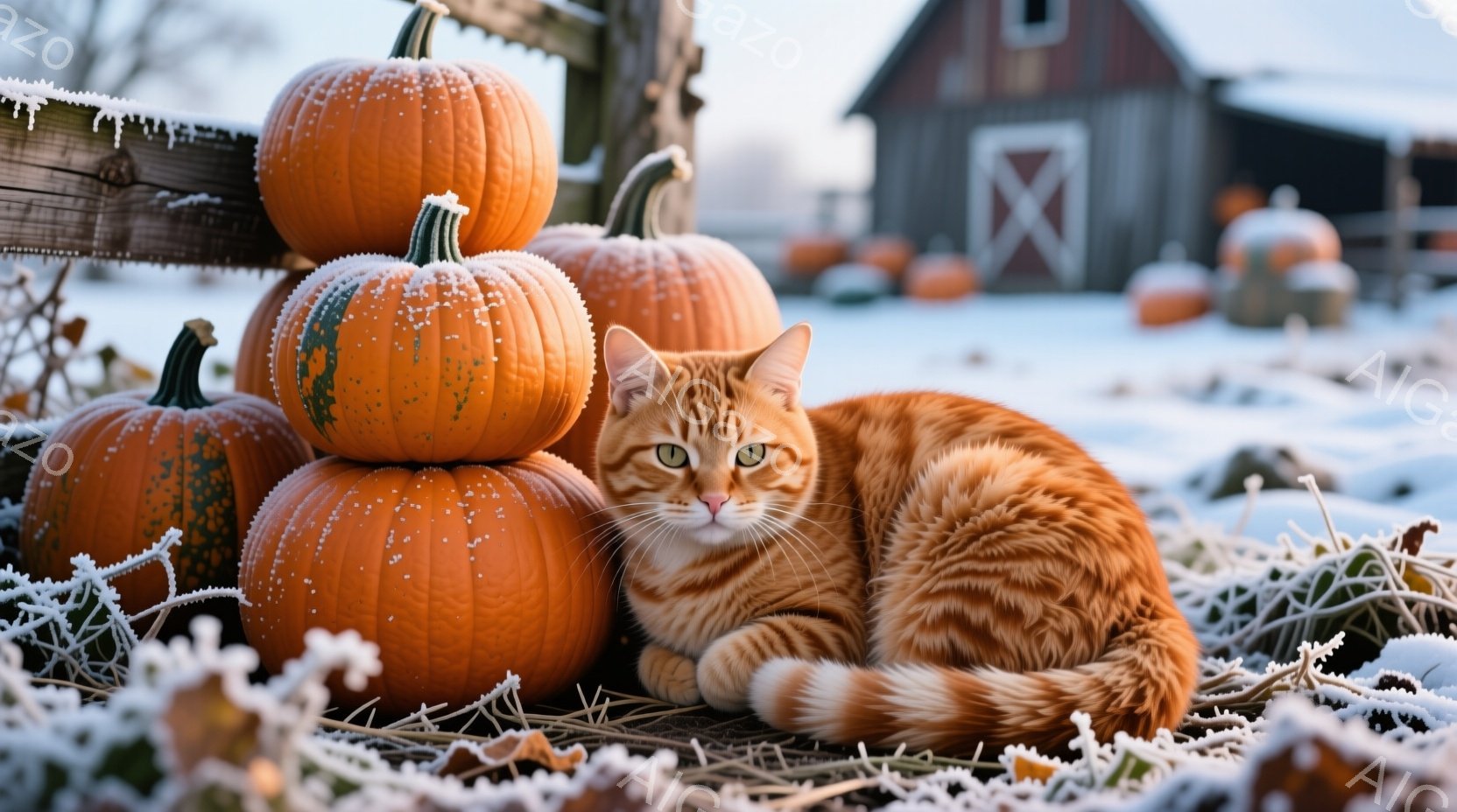 鮮やかなオレンジ色のトラ猫が、収穫されたカボチャの山の中に堂々と座っています。背景には、雪で覆われた農場の納屋と、さらに多くのカボチャが点在しており、冬の静かで牧歌的な雰囲気が漂っています。霜が降りた植物が猫とカボチャを取り囲み、季節の冷たさと自然の美しさを強調しています。