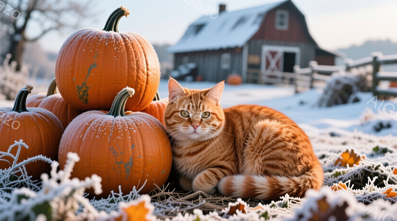明るいオレンジ色の猫が、霜で覆われたカボチャの山の中でくつろいでいます。猫はリラックスした表情で前を見つめ、周囲の白い霜とカボチャのオレンジ色が鮮やかなコントラストを作り出しています。背景には、赤い屋根の農家と木製の柵があり、冬の穏やかな田園風景を思わせる、暖かく落ち着いた雰囲気です。