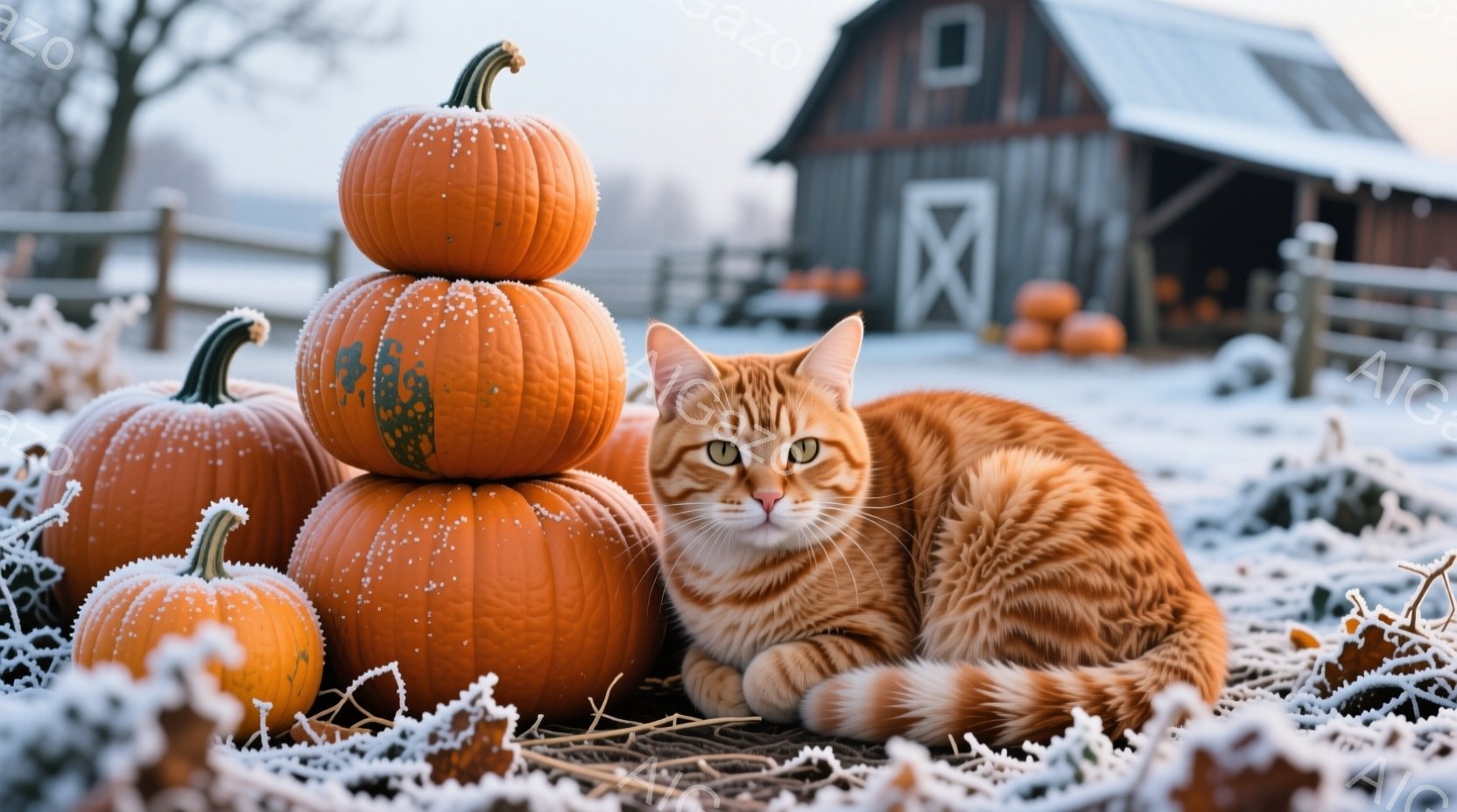 オレンジ色の毛並みの猫が、積み重ねられたかぼちゃのそばで堂々と座っています。背景には、霜で覆われた畑と、赤茶色の農家風の建物が見え、全体的に秋の暖かく穏やかな雰囲気を醸し出しています。霜が降りた植物が、冬の訪れを感じさせる、静かで絵のような光景です。