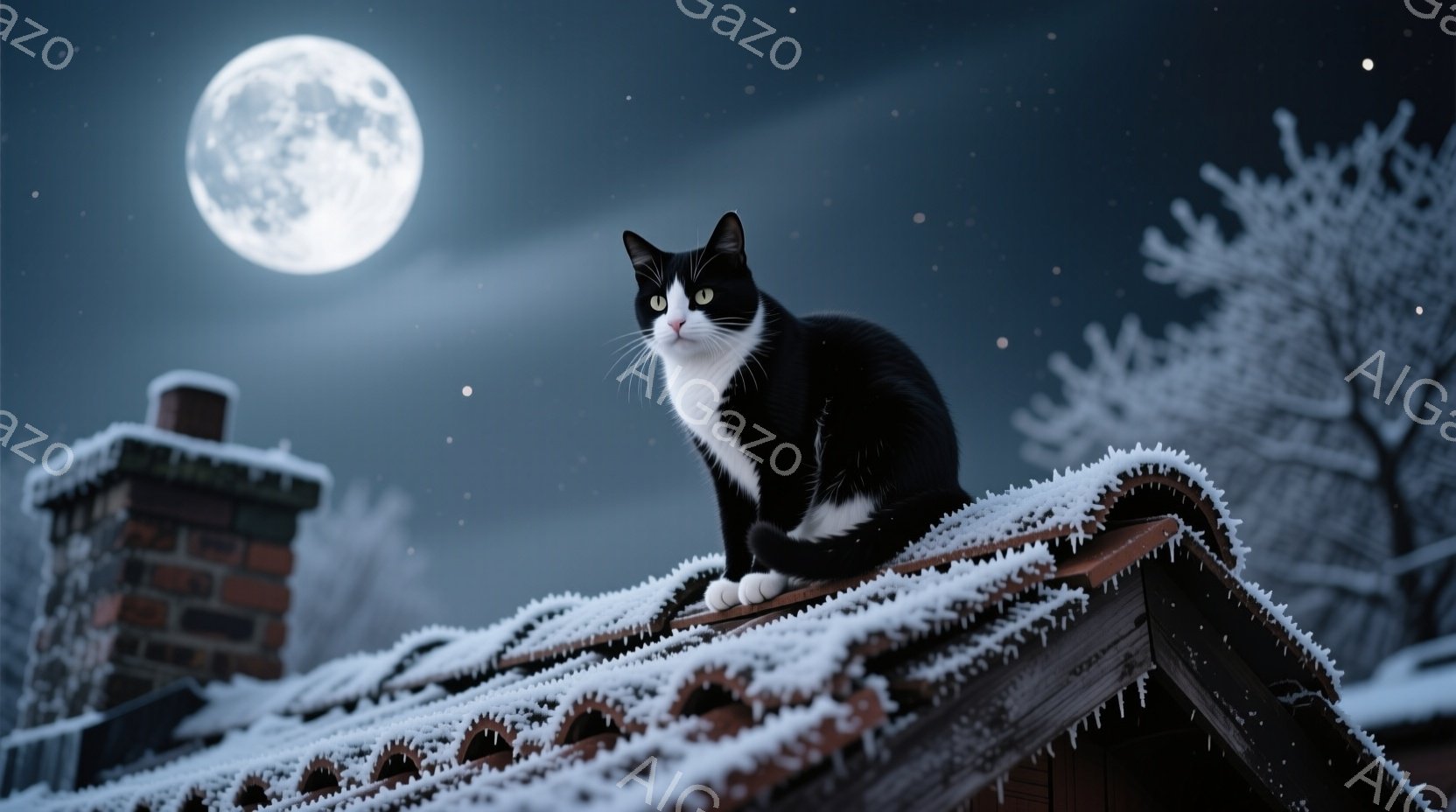 白と黒の猫が雪で覆われた屋根の上に座っており、夜空には満月が輝いている。猫は正面を見ており、少し警戒したような表情をしている。背景にはレンガ造りの煙突と、雪に覆われた木のシルエットが見え、冬の静寂で幻想的な雰囲気を醸し出している。