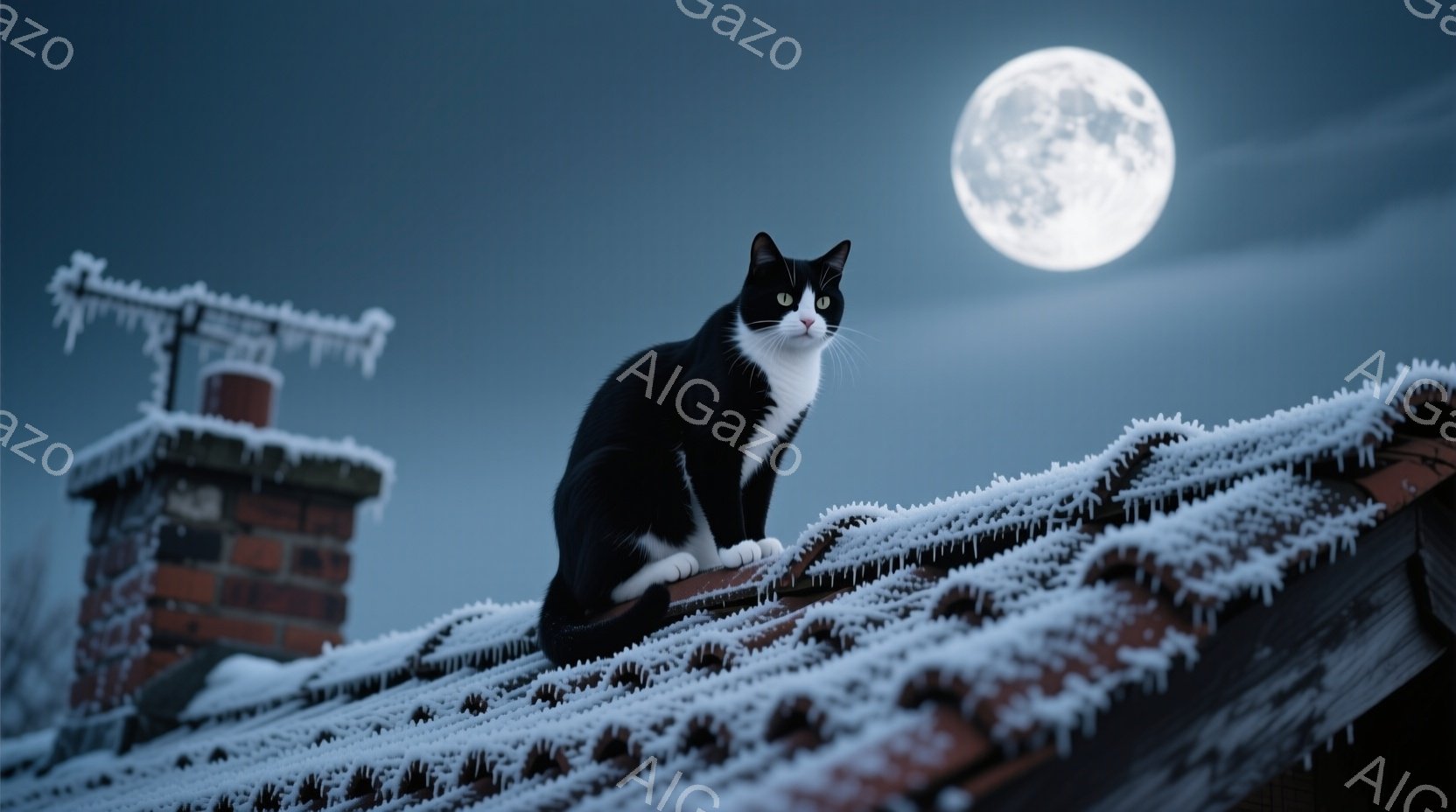 白と黒の猫が、雪で覆われた屋根の上に座って遠くを見つめている。背景にはレンガ造りの煙突と、満月が輝く暗い夜空が広がり、幻想的な雰囲気を醸し出している。屋根や煙突には氷柱が垂れ下がっており、冬の寒さを感じさせる。