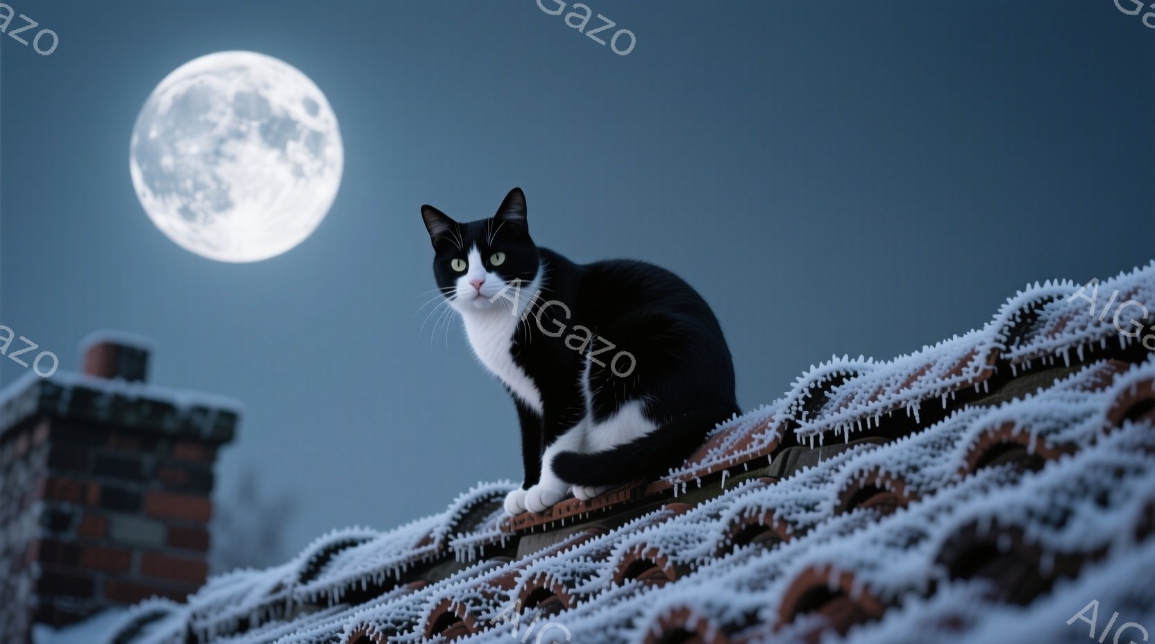 白と黒の猫が、凍り付いた屋根の上に座って前方を凝視している。屋根は氷のつららで覆われ、背景にはレンガの煙突と、明るい満月が夜空に浮かんでいる。全体的に、静かで寒々とした冬の夜の雰囲気が漂っている。