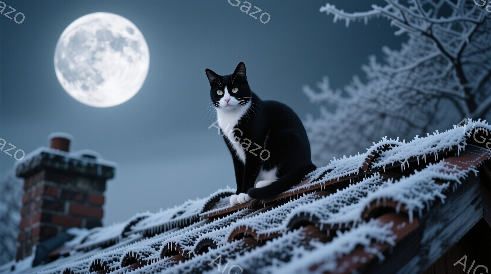 白と黒の猫が、雪で覆われた赤い屋根の上に座っています。満月が背景に大きく輝き、凍てつくような冬の夜空が広がっています。煙突が屋根の近くに見え、周囲の木々は雪で覆われ、静寂で幻想的な雰囲気を醸し出しています。