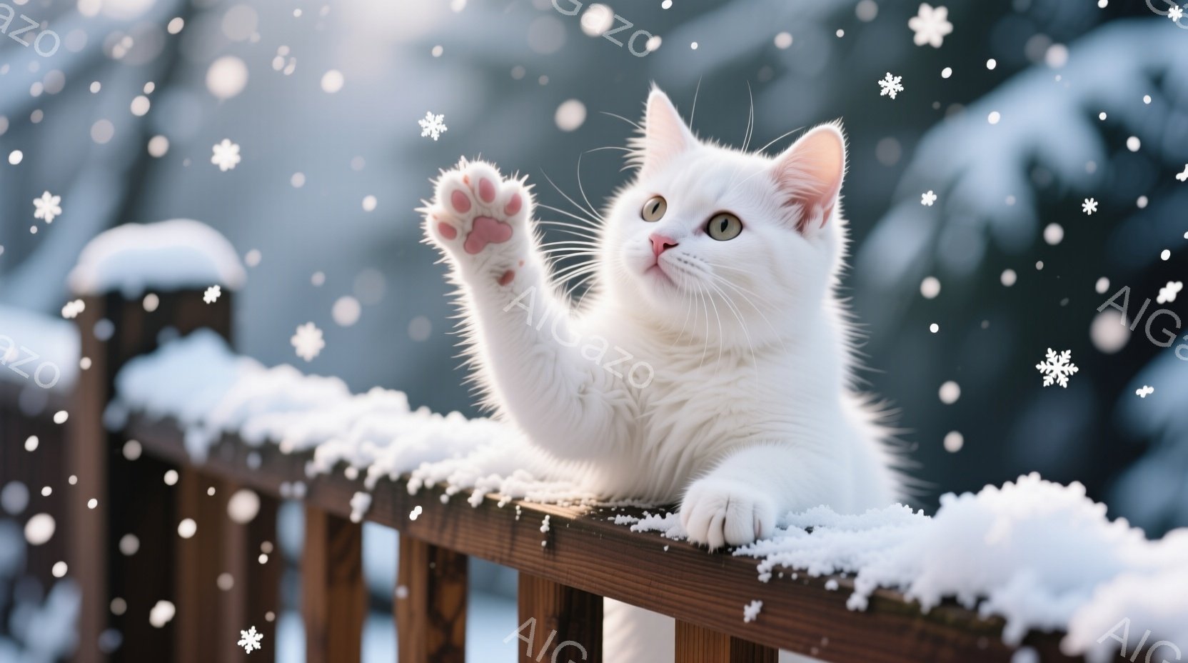 白い猫が雪で覆われた木製の柵の上に座り、片手を上げています。猫は大きな緑色の目をしており、好奇心と遊び心に満ちた表情をしています。背景はぼやけていますが、雪景色で、冬の静けさと暖かさを感じさせる雰囲気です。