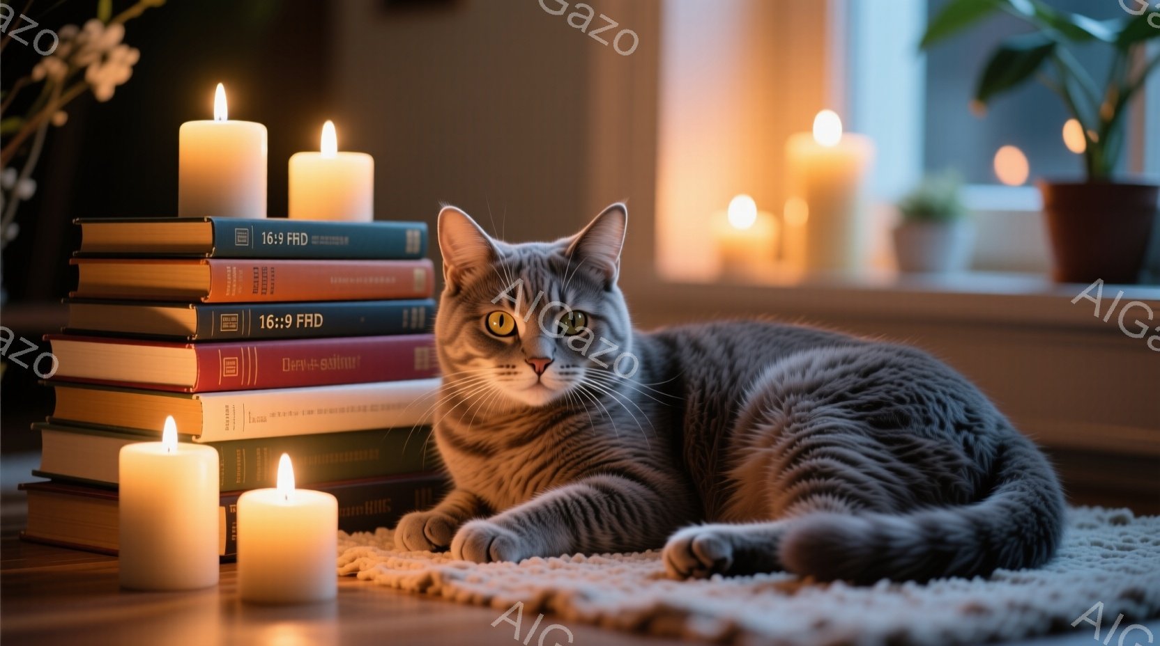 灰色がかった縞模様の猫が、積み重ねられた本のそばの小さなラグの上に横たわっています。周囲には点灯したキャンドルが配置され、暖かく穏やかな光を放っています。背景には窓があり、ぼんやりとした街並みが望め、 - AI生成フリー素材