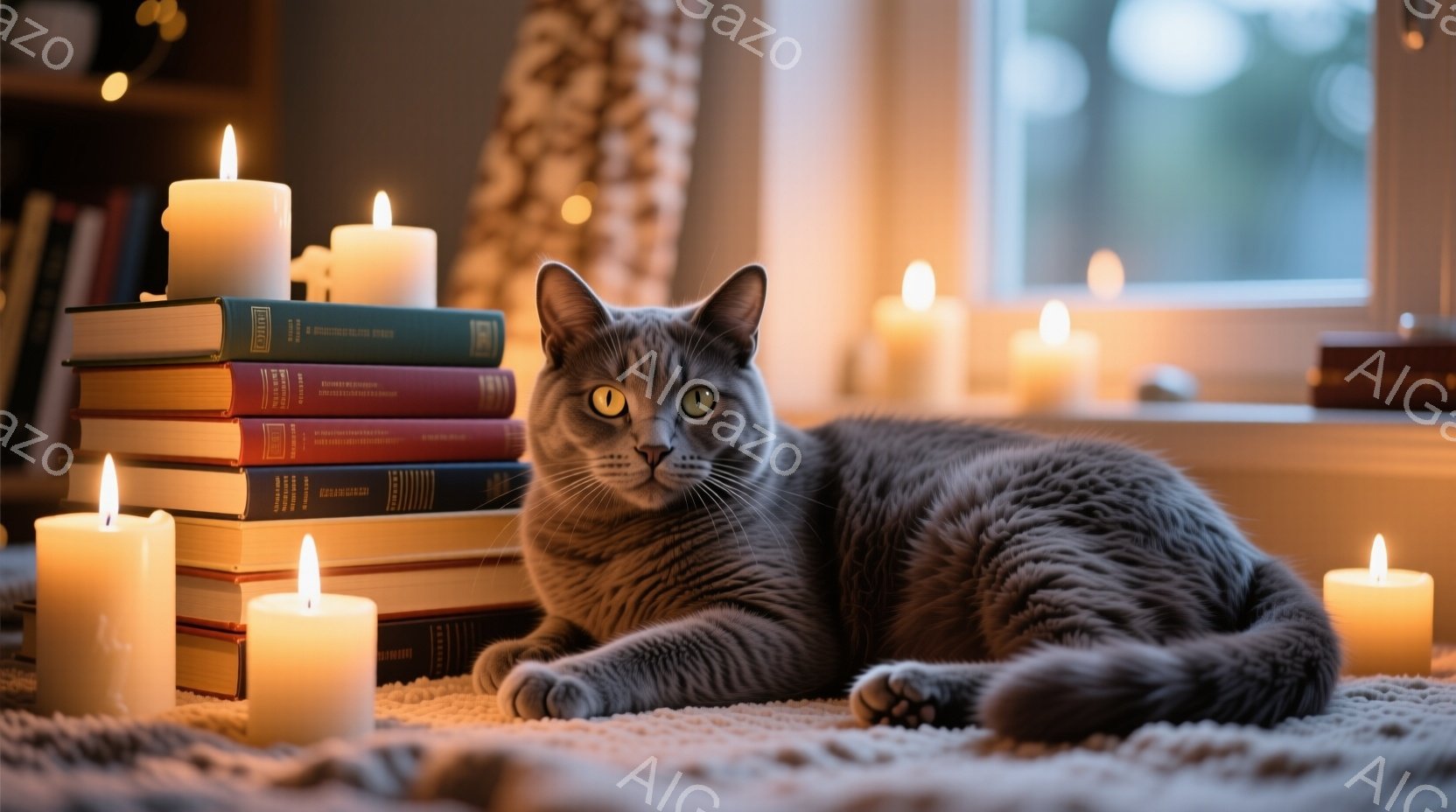 灰色の毛並みの猫が、積み重ねられた本の上に優雅に横たわっています。猫はカメラの方を見ており、少し眠たげで落ち着いた表情をしています。背景には、ぼんやりとした光の中で灯されたたくさんのキャンドルがあり、 - AI生成フリー素材