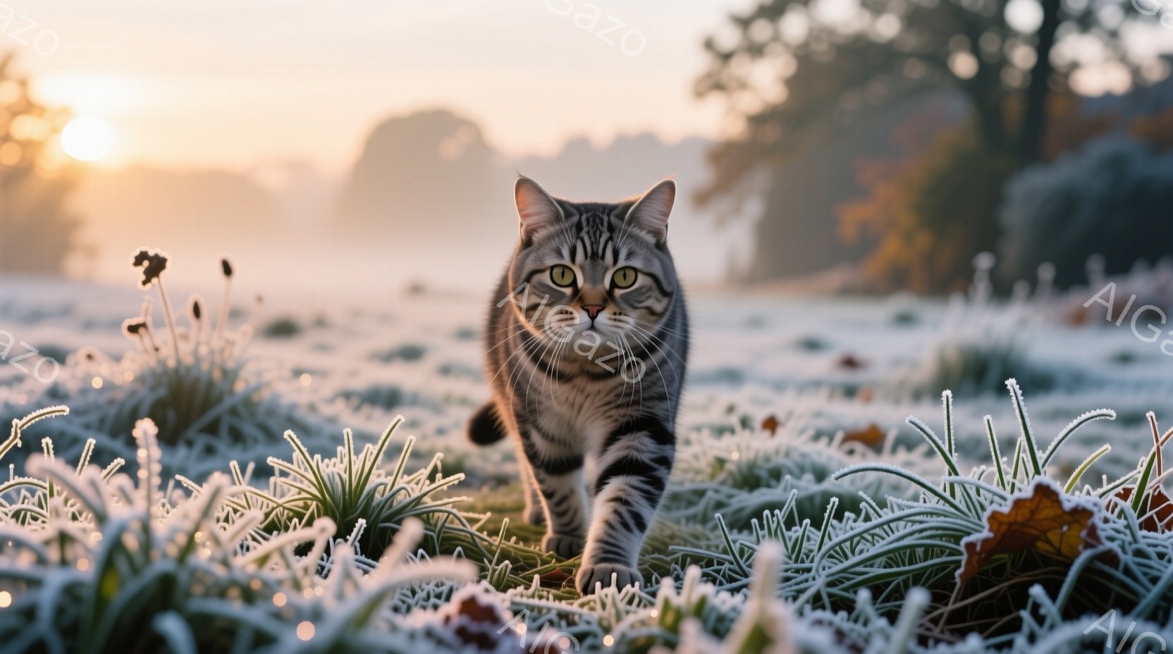 縞模様の猫が、霜で覆われた草の上をまっすぐ前を見据えながら歩いている。背景は朝焼けに照らされた自然で、霧が立ち込めており、全体的に穏やかで幻想的な雰囲気を醸し出している。猫の目は緑色で、警戒心と好奇心 - AI生成フリー素材