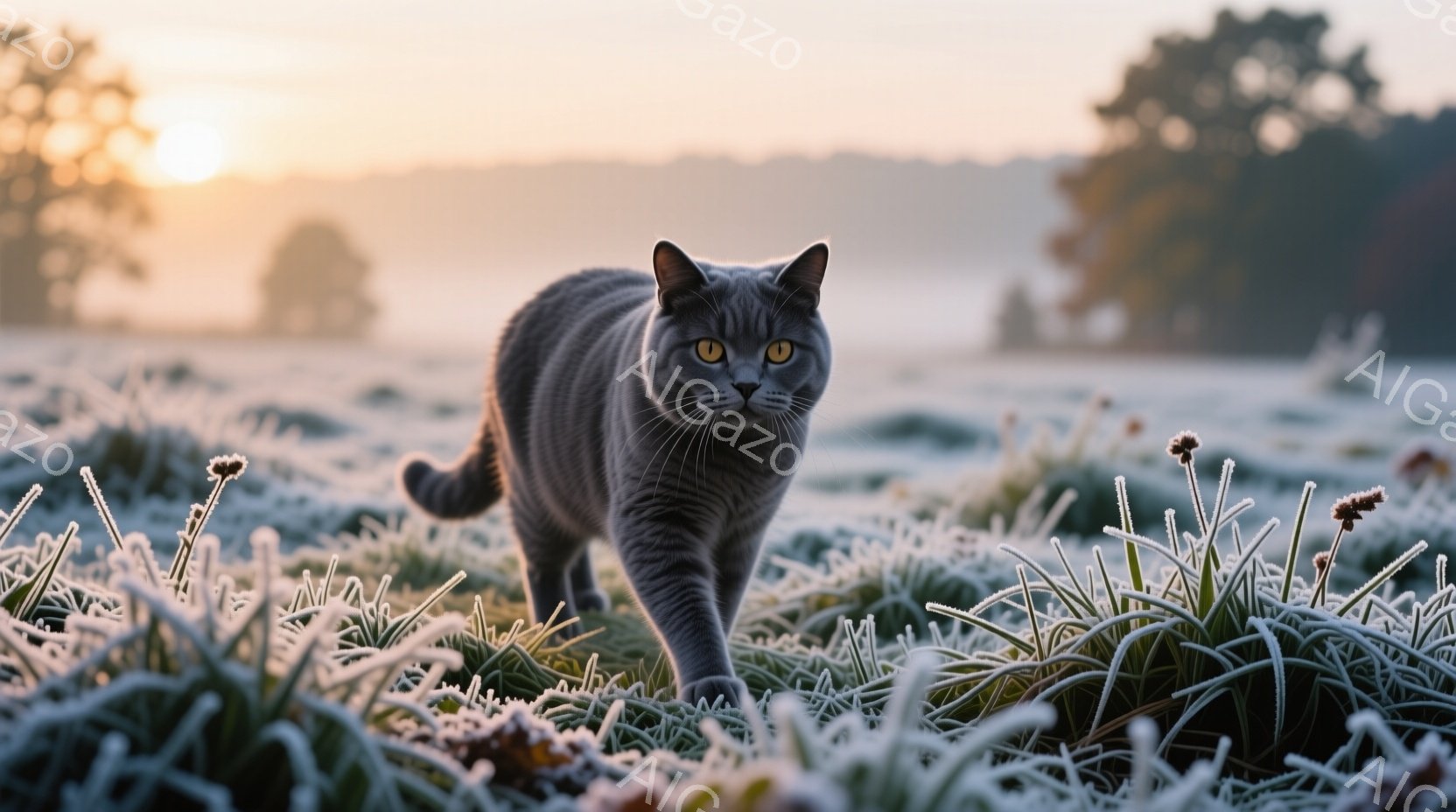 凍った湖の上に立つ縞模様の猫が描かれています。猫は前方をまっすぐ見つめ、毛並みはふさふさとしており、冬の風景の中に鮮やかなアクセントとなっています。背景には、鮮やかな赤色の紅葉と雪に覆われた木々が広が - AI生成フリー素材
