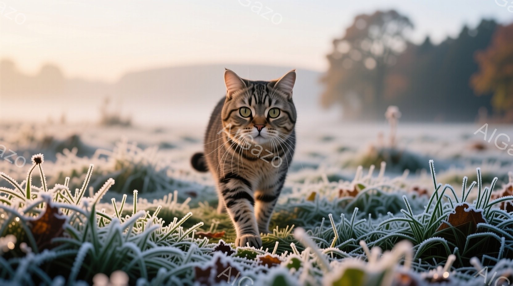 霜で覆われた草むらの中を、縞模様の美しい猫がこちらに向かって歩いてくる姿が捉えられています。猫は緑色の瞳でカメラを見つめ、凛々しい表情を浮かべています。背景は朝焼けに照らされた自然で、薄霧がかかり、静かで幻想的な雰囲気が漂っています。