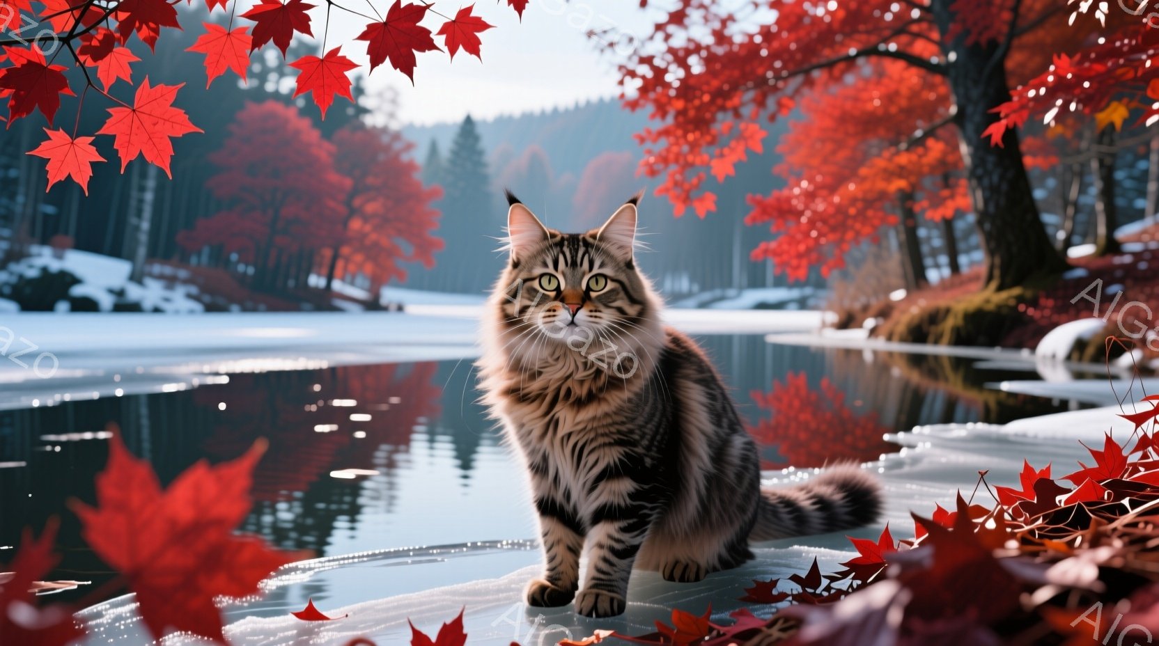 縞模様の大きな猫が凍った湖の氷の上に座っており、正面を見ています。背景には鮮やかな赤色の紅葉と雪を被った山々が広がり、冬の風景が広がっています。全体的に静かで穏やかな雰囲気で、秋から冬への移り変わりを - AI生成フリー素材