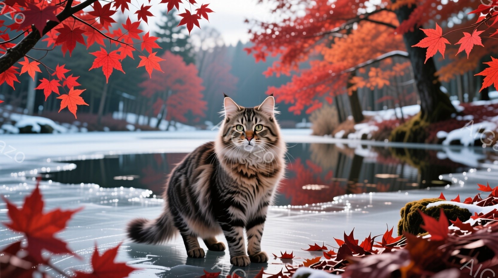 縞模様の大きな猫が凍った池の上に立っており、正面を見つめています。背景には赤や黄色の紅葉が広がり、冬の寒さと秋の美しさが混ざり合った幻想的な雰囲気を醸し出しています。氷の表面には落ち葉が散らばり、自然 - AI生成フリー素材