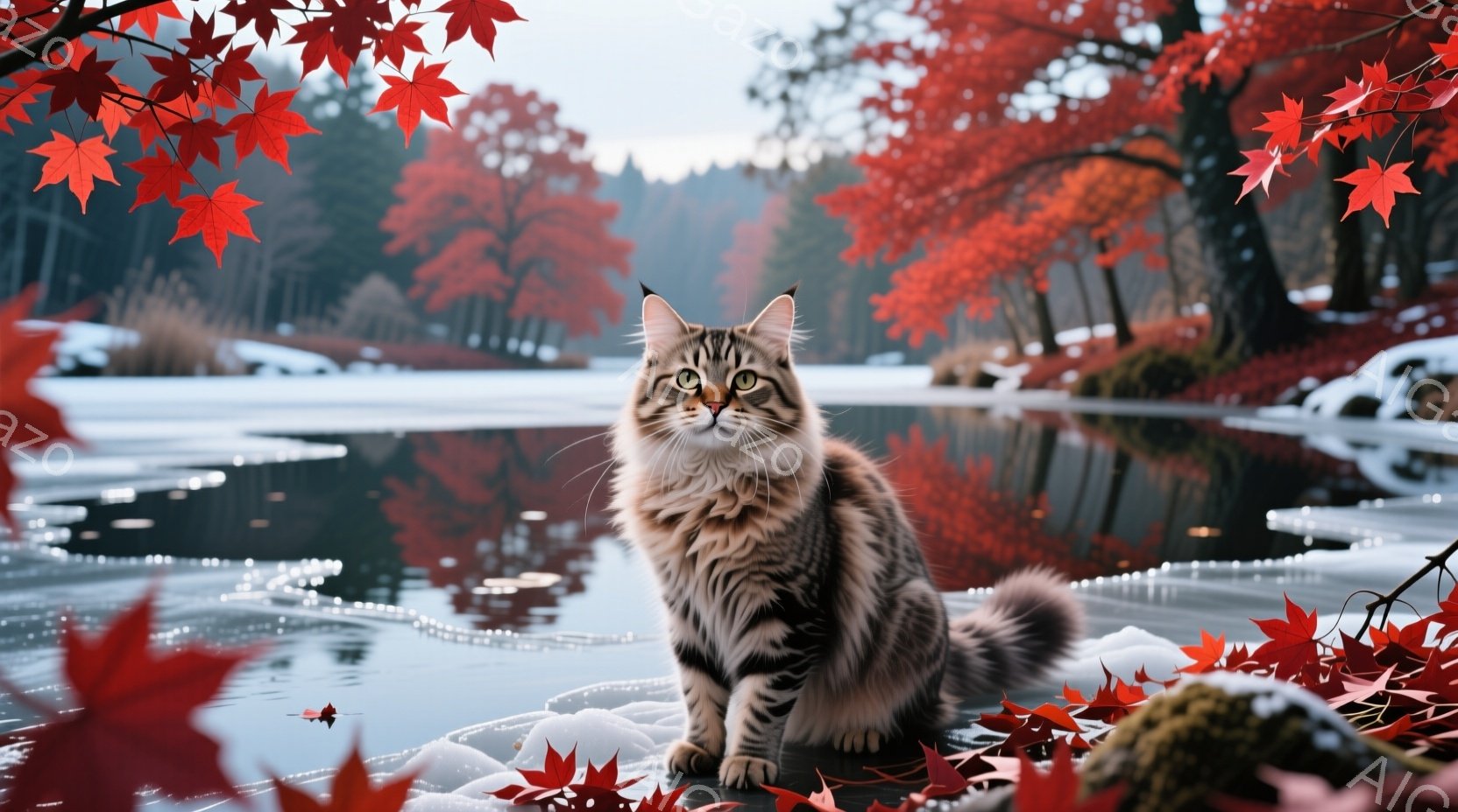 鮮やかな赤色の紅葉に囲まれた氷張った池のほとりに、毛並みの美しい茶色の猫が座っています。猫はまっすぐ前を見据え、鋭い眼差しで何かを見つめているようです。背景には、冬の森が広がり、雪と紅葉のコントラスト - AI生成フリー素材
