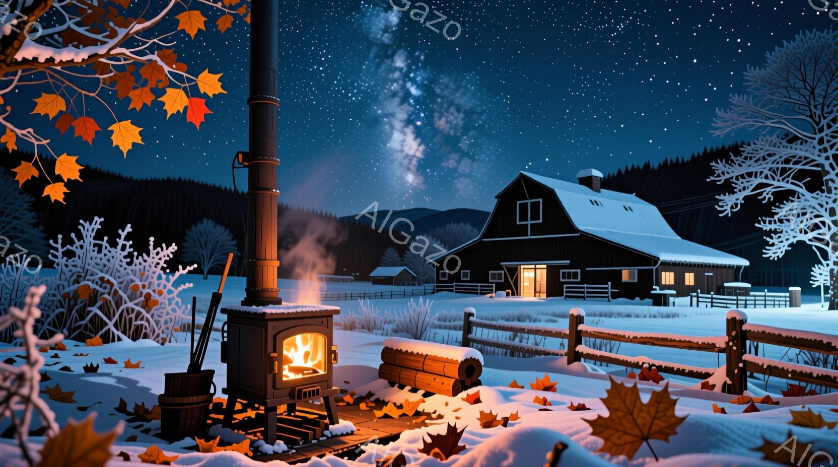 凍てつく冬の夜、雪に覆われた風景の中に、暖炉から立ち上る炎が印象的です。黒い木造の建物が遠くに見え、雪に覆われたフェンスと落ち葉が、静かで穏やかな雰囲気を醸し出しています。星空の下、暖炉の光が風景を照 - AI生成フリー素材