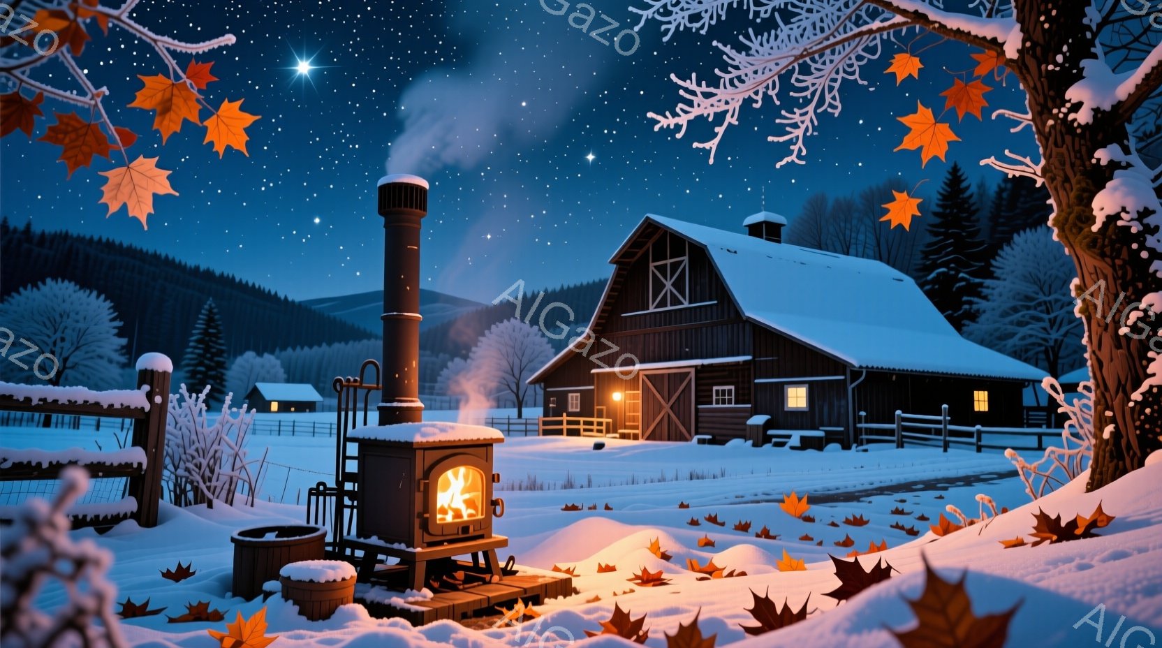 雪に覆われた夜の農場が描かれています。黒い木造の納屋からは暖かな光が漏れ、煙突から立ち上る煙が寒さを和らげています。雪原には散りばめられた紅葉が鮮やかなアクセントとなり、夜空には星が輝き、静かで穏やかな冬の雰囲気を醸し出しています。