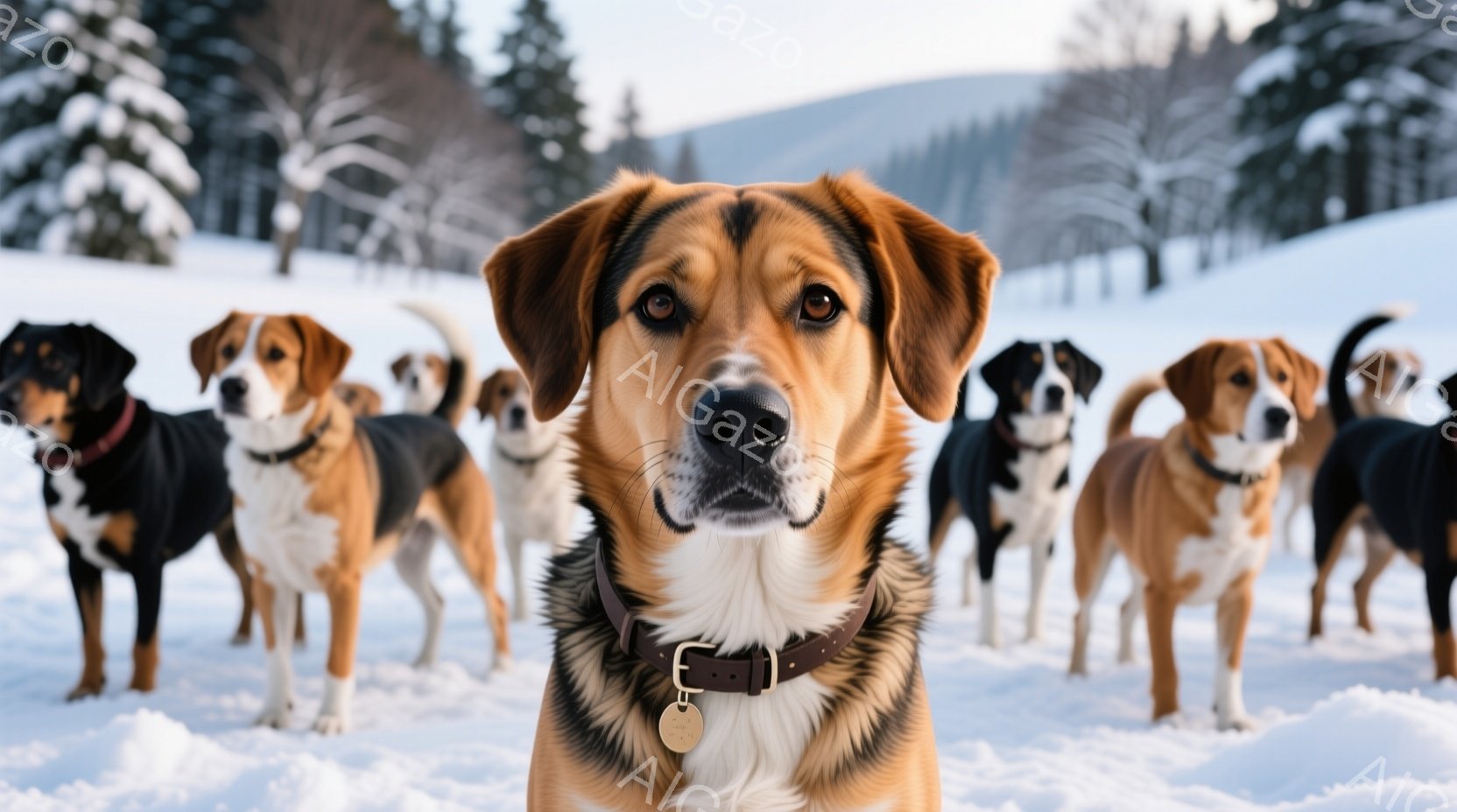 黄金色の毛並みの子犬が、霜で覆われた草原を勢いよく駆け抜けている。吐く息が白く立ち上り、冬の冷たい空気を感じさせる。背景にはぼんやりとした木々が見え、朝焼けの柔らかな光が全体を包み込み、温かくも静謐な - AI生成フリー素材
