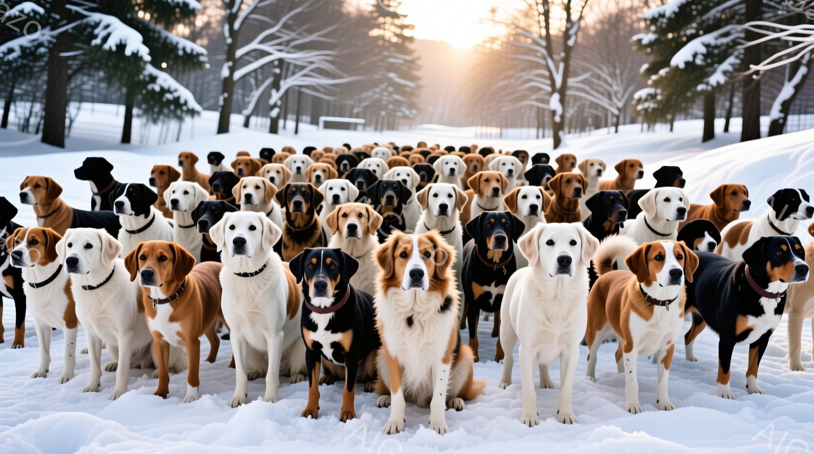 白い雪景色の中に、様々な種類の犬たちが整然と並んで立っている。犬たちは皆、まるで訓練を受けたかのように前方を向いており、首輪をつけている。背景には雪で覆われた木々が立ち並び、遠くにはぼんやりとした建物 - AI生成フリー素材