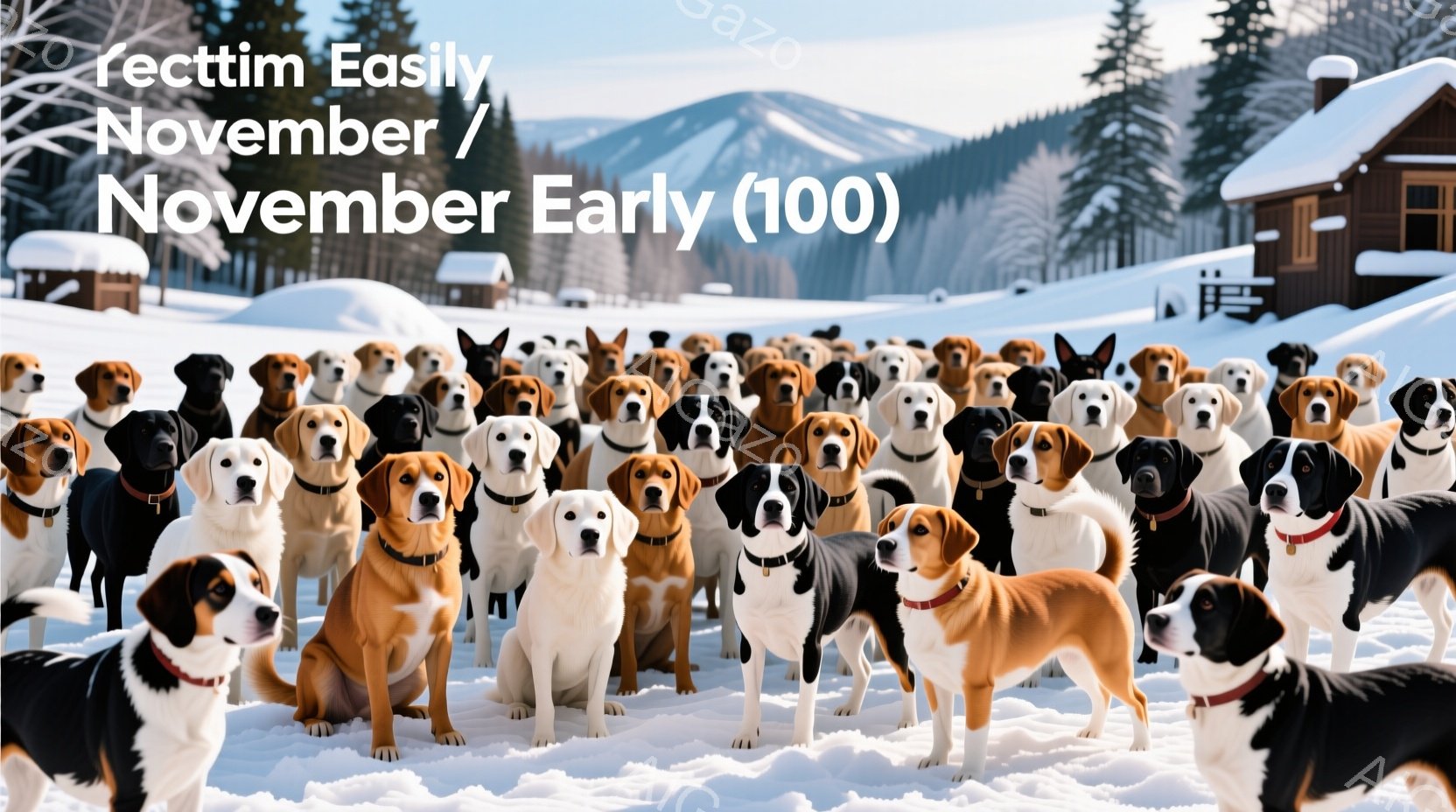 大量のビーグル犬が雪景色の中で集まっている様子が写っている。犬たちは皆、赤い首輪をつけており、雪の上に整然と並んでいる。背景には雪に覆われた山々と可愛らしい木造の建物があり、静かで穏やかな冬の雰囲気を醸し出している。