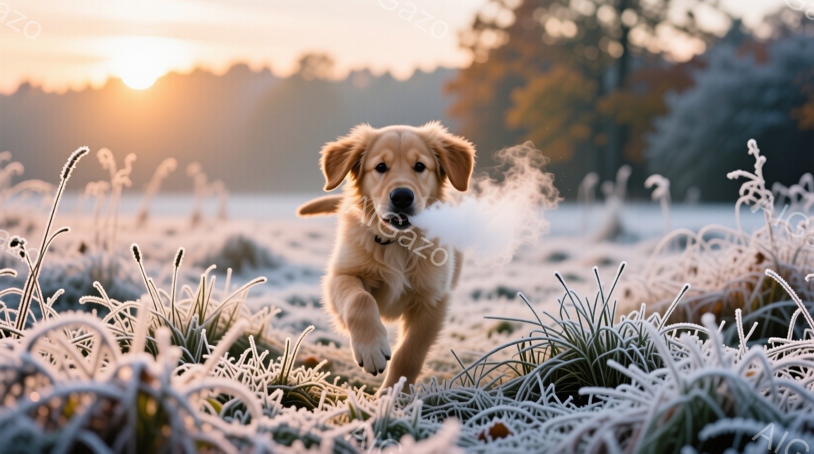 金色の毛並みの子犬が、霜が降りた草むらの中を元気に走り回っている。吐く息が白い蒸気となって見え、冷たい朝の空気を感じさせる。背景にはぼんやりとした木々と、朝日が差し込む明るい空が広がっており、穏やかで - AI生成フリー素材