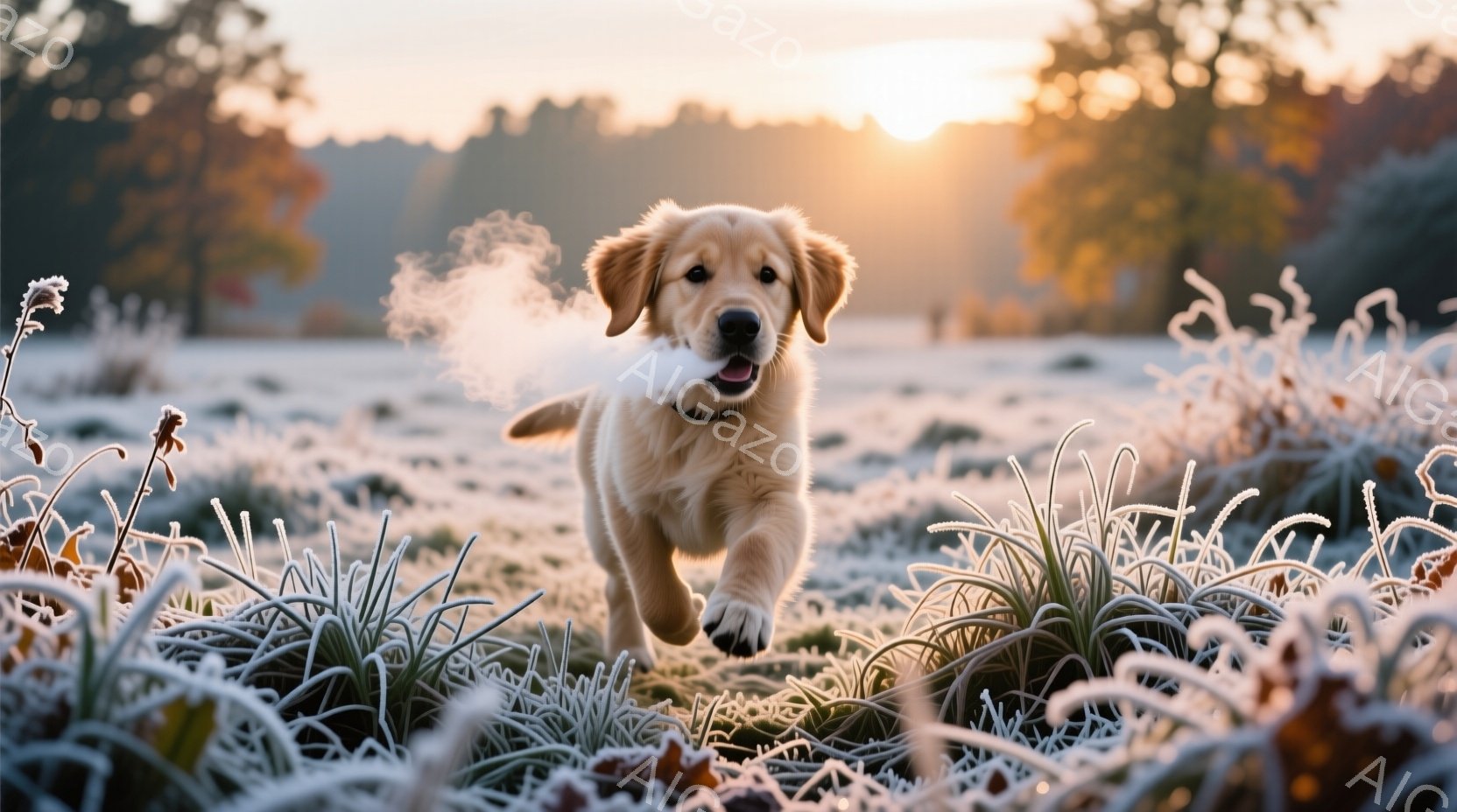霜で覆われた草地の間に、金色のレトリバーの子犬が勢いよく走り抜けている。子犬は口を開けて舌を出し、楽しそうな表情で、冷たい空気によって白い息が立ち上っている。背景には、朝日に照らされた木々や植物がぼん - AI生成フリー素材