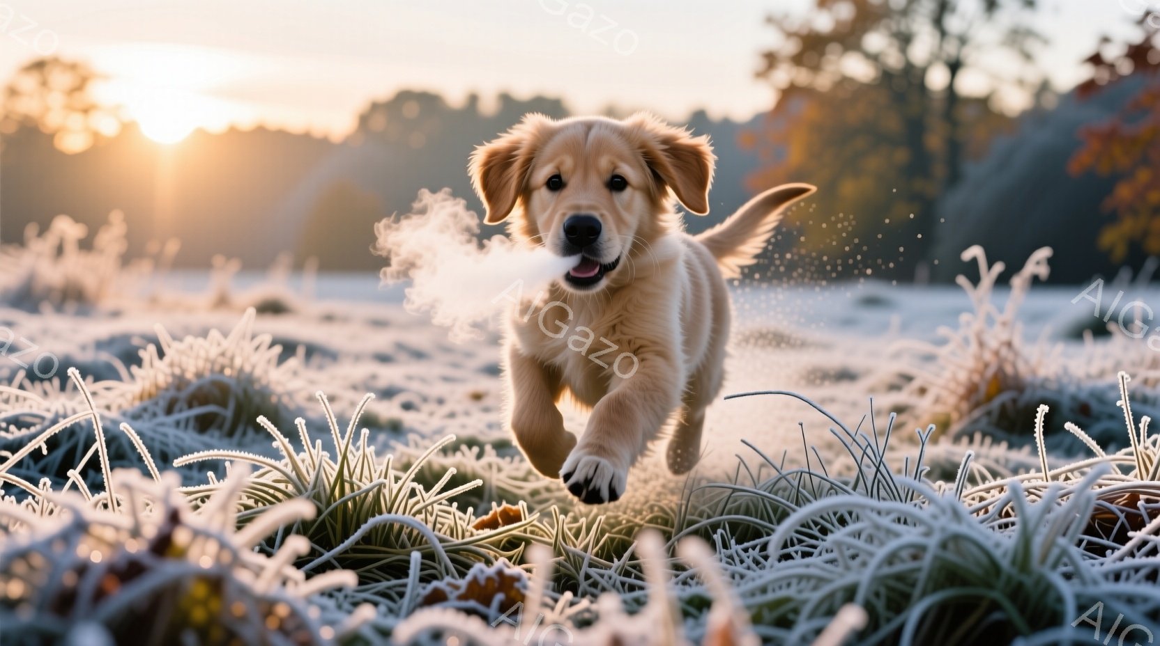 黄金色の毛並みを持つゴールデンレトリバーの子犬が、霜が降りた草原を勢いよく駆け抜けている。吐く息は白い蒸気となり、冬の冷たい空気と子犬の活発さを表現している。背景にはぼんやりとした木々が見え、朝日の光 - AI生成フリー素材