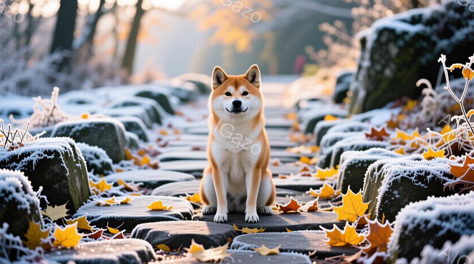 霜で覆われた石畳の道を、秋田犬が正面を向き座っている。犬はクリーム色と茶色の毛並みで、穏やかで幸せそうな表情を見せている。背景には霜で覆われた木々が並び、落ち葉が石畳に散らばり、静かで穏やかな冬の日の - AI生成フリー素材