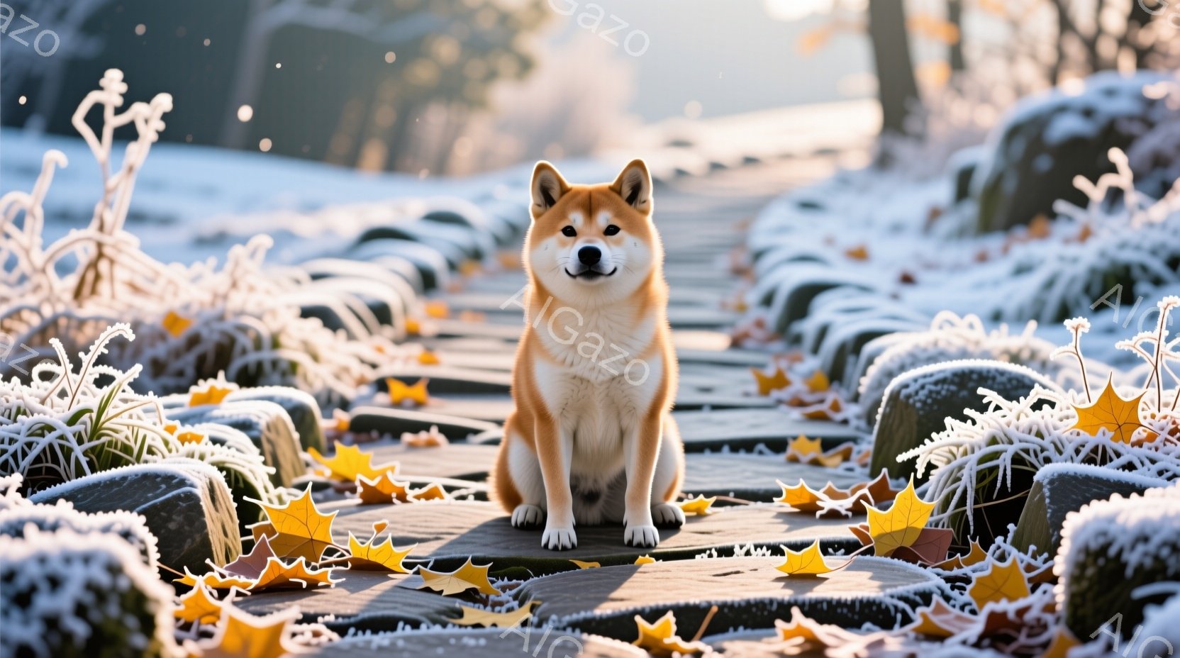 柴犬が木製の遊歩道に座っており、正面をまっすぐ見て穏やかな表情を浮かべている。遊歩道の両脇には霜で覆われた草が生え、黄色い落ち葉が散らばっている。背景はぼやけており、冬の冷たい空気と静けさを感じさせる - AI生成フリー素材